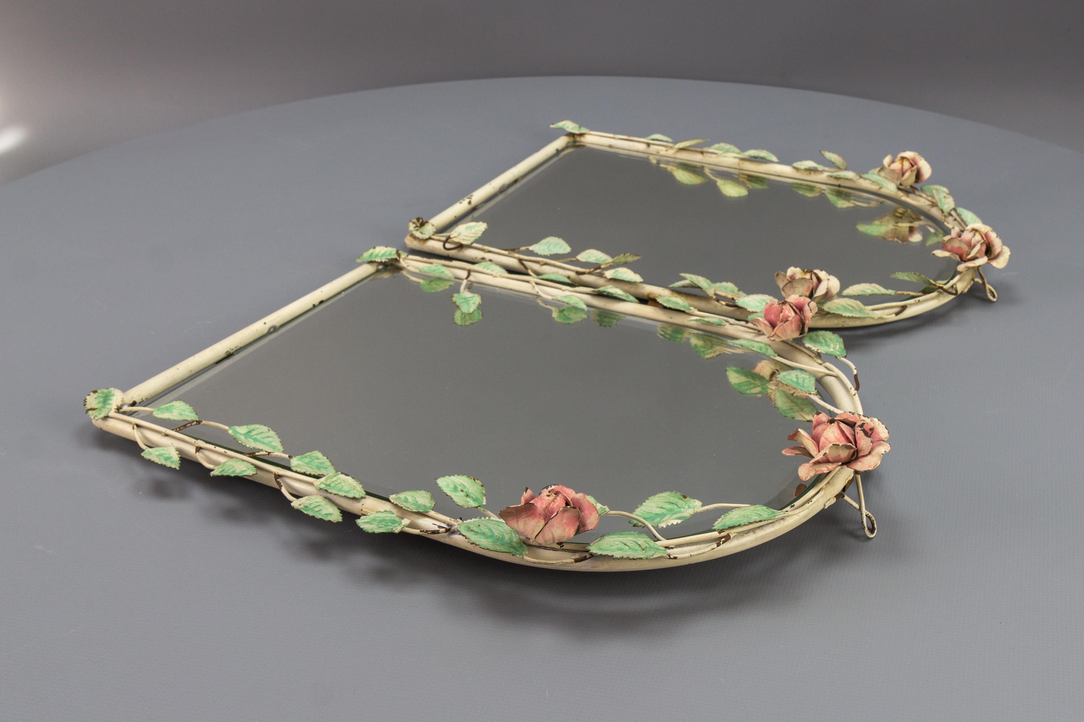 Pair of Italian Painted Tole Flower Wall Mirrors, 1950s For Sale 4