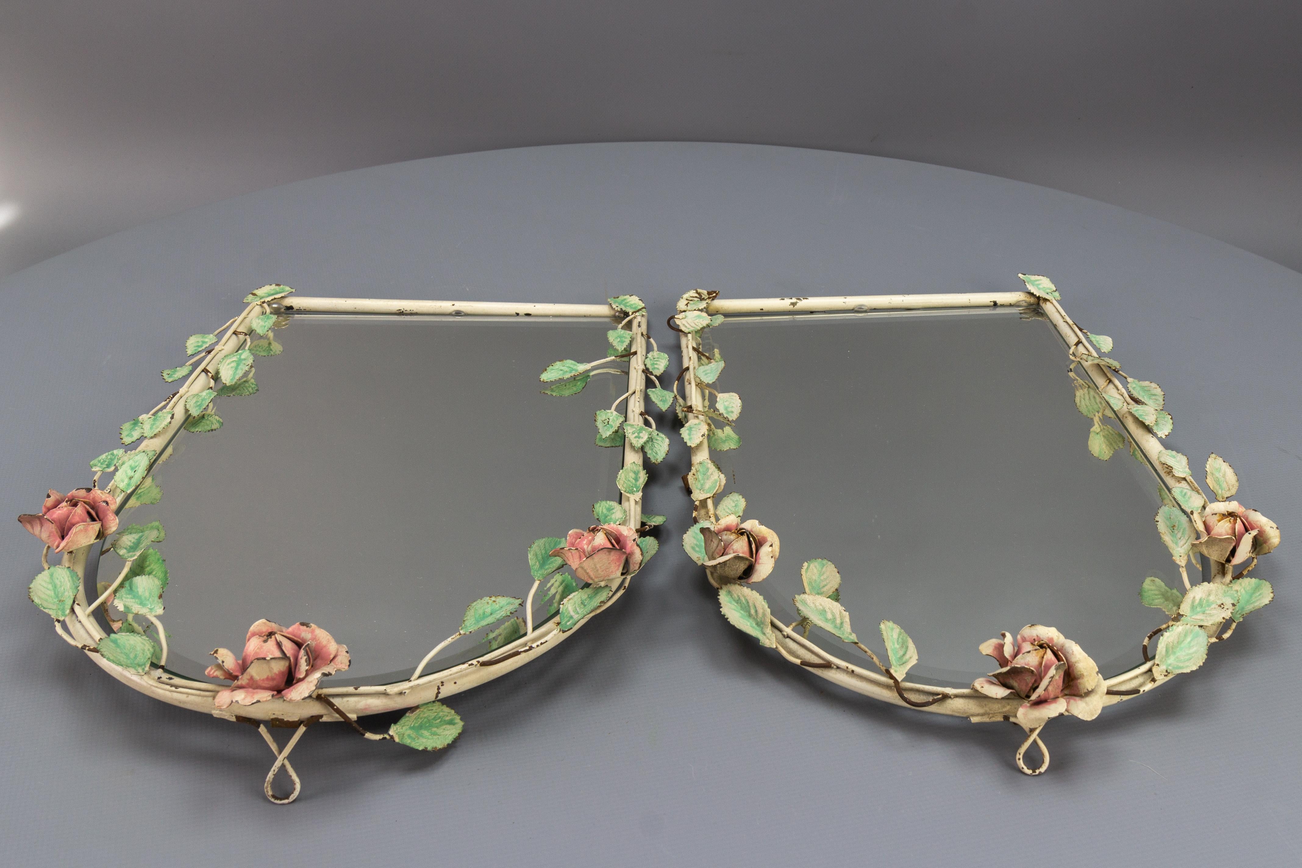 Pair of Italian Painted Tole Flower Wall Mirrors, 1950s For Sale 5