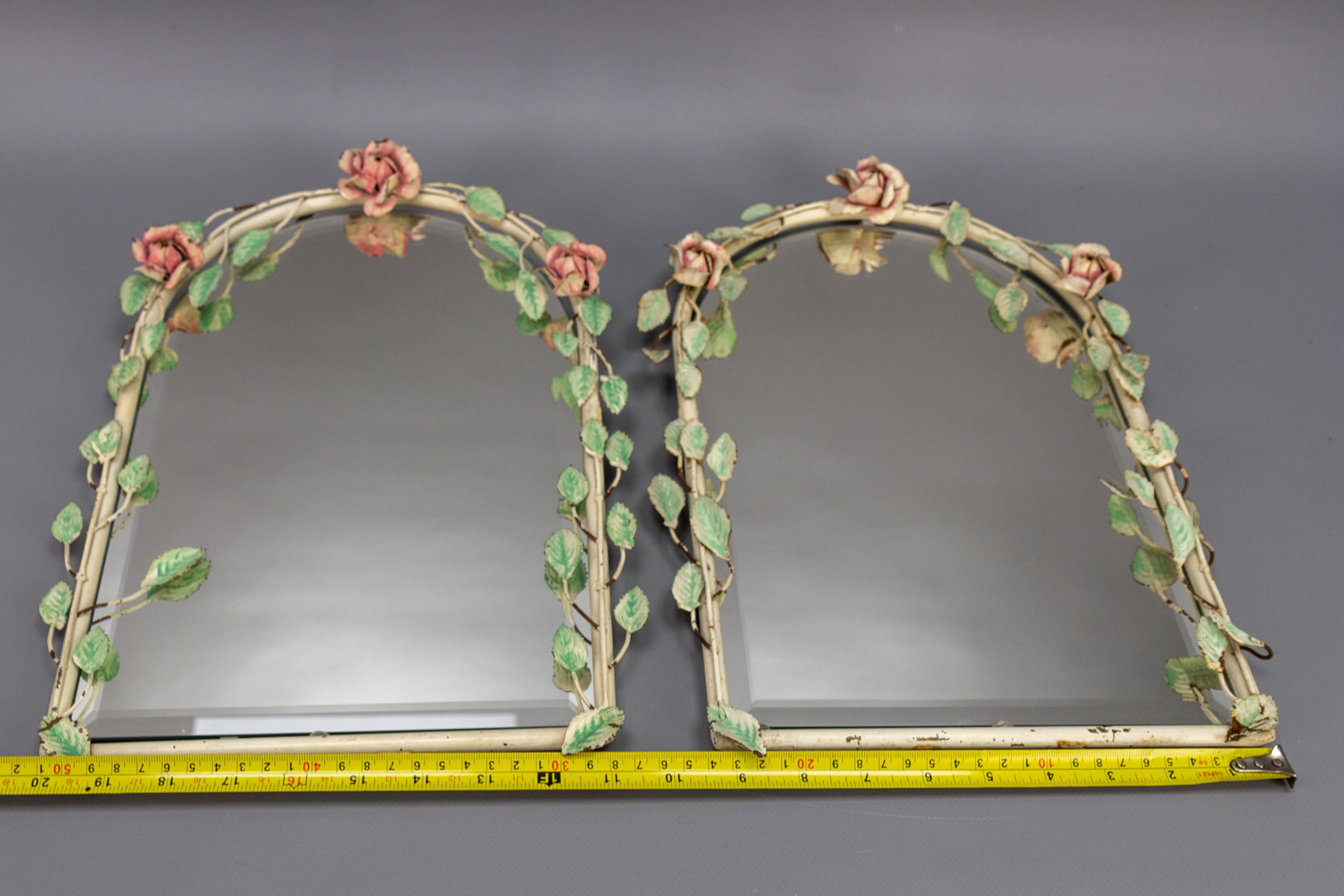Pair of Italian Painted Tole Flower Wall Mirrors, 1950s For Sale 8