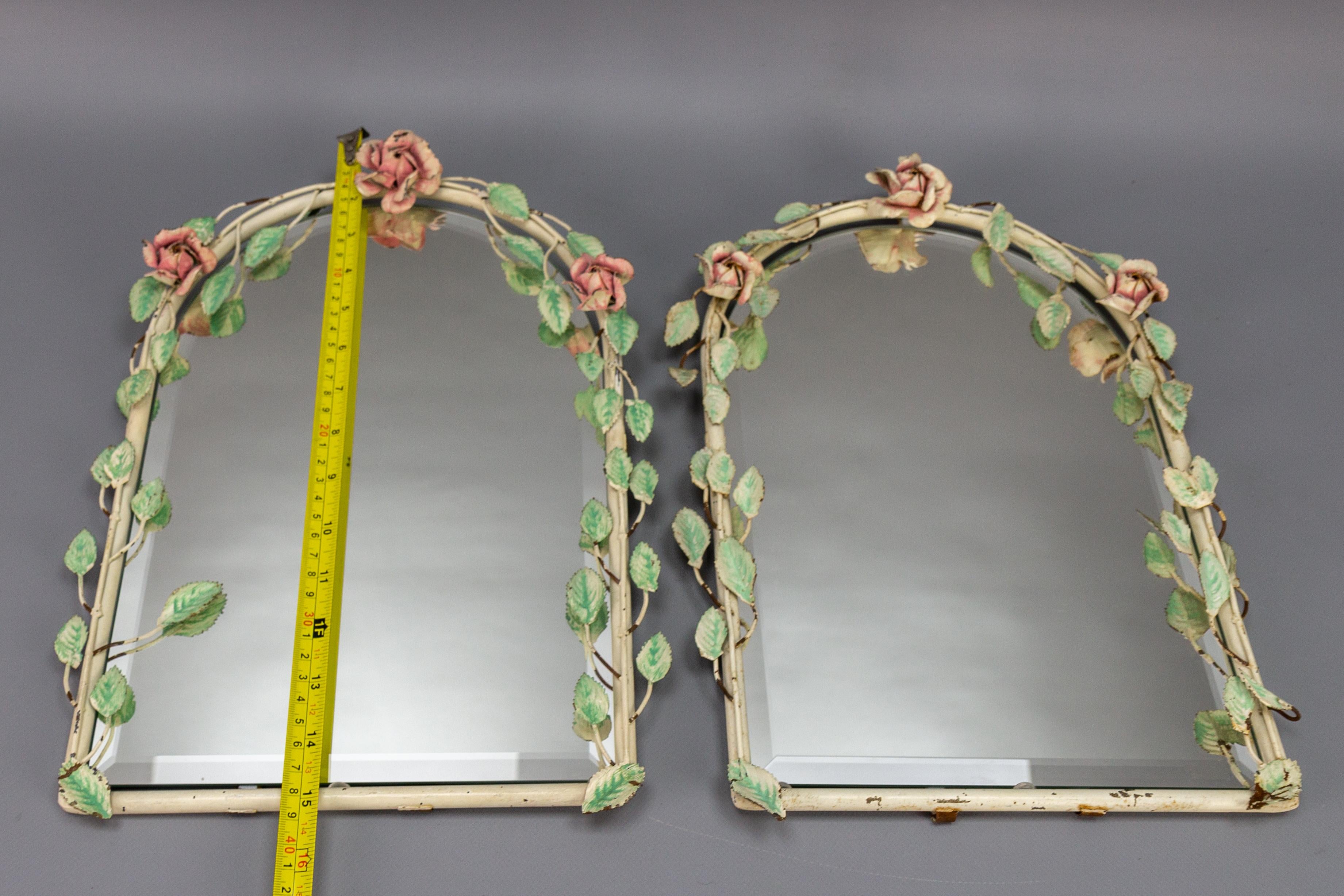 Pair of Italian Painted Tole Flower Wall Mirrors, 1950s For Sale 9