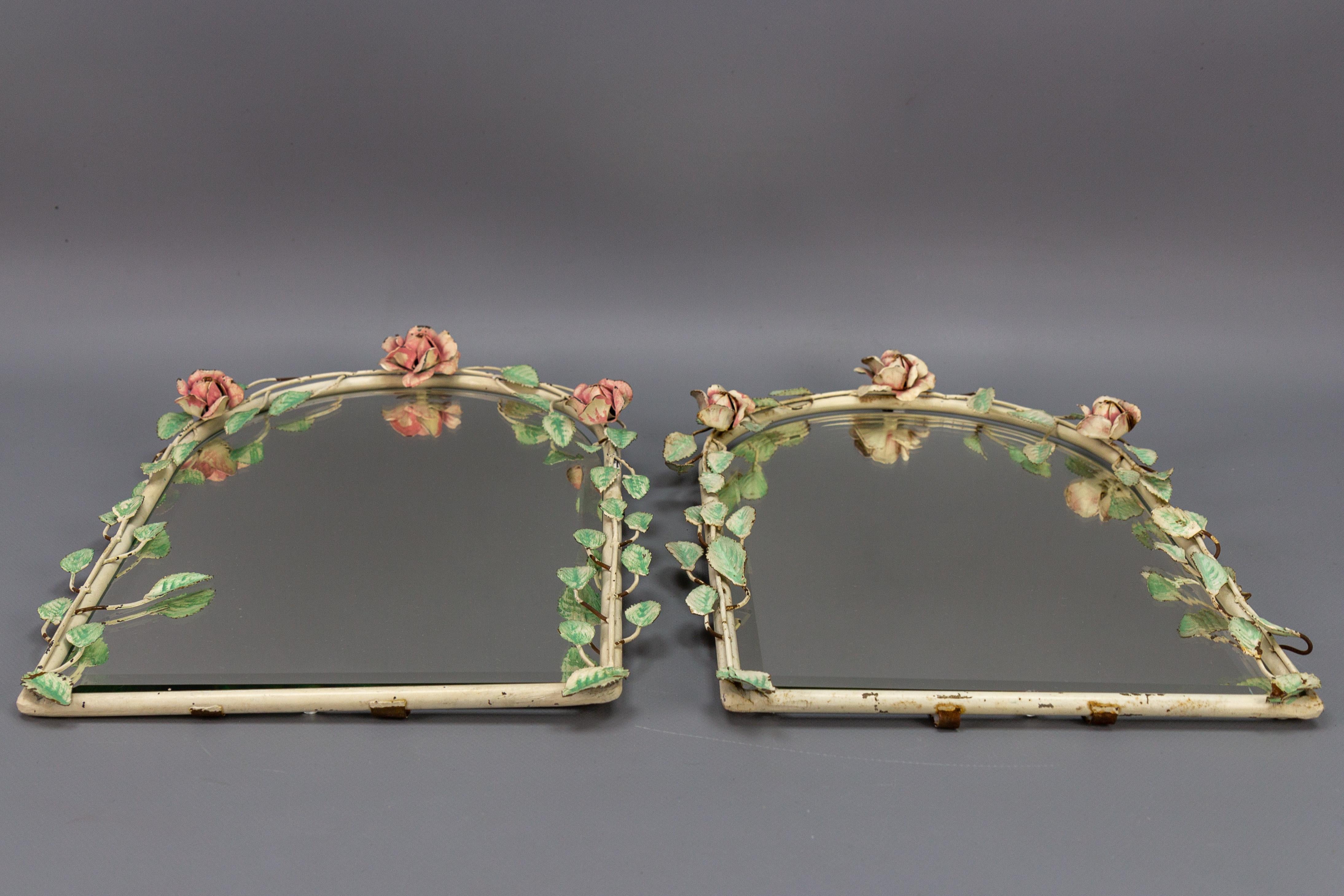 Pair of Italian Painted Tole Flower Wall Mirrors, 1950s For Sale 11