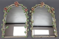 Pair of Italian Painted Tole Flower Wall Mirrors, 1950s