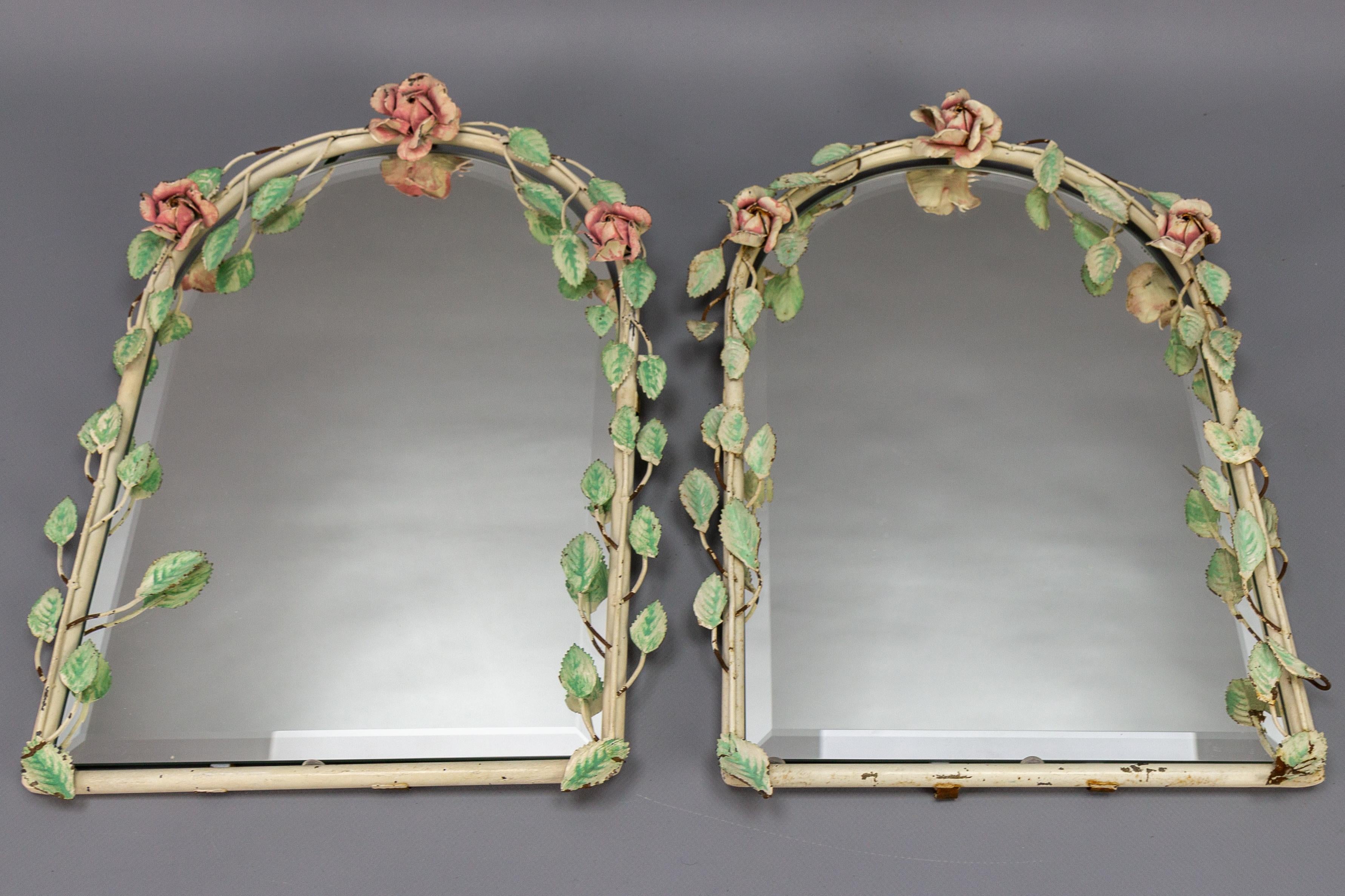 Pair of Italian Painted Tole Flower Wall Mirrors, 1950s For Sale 14