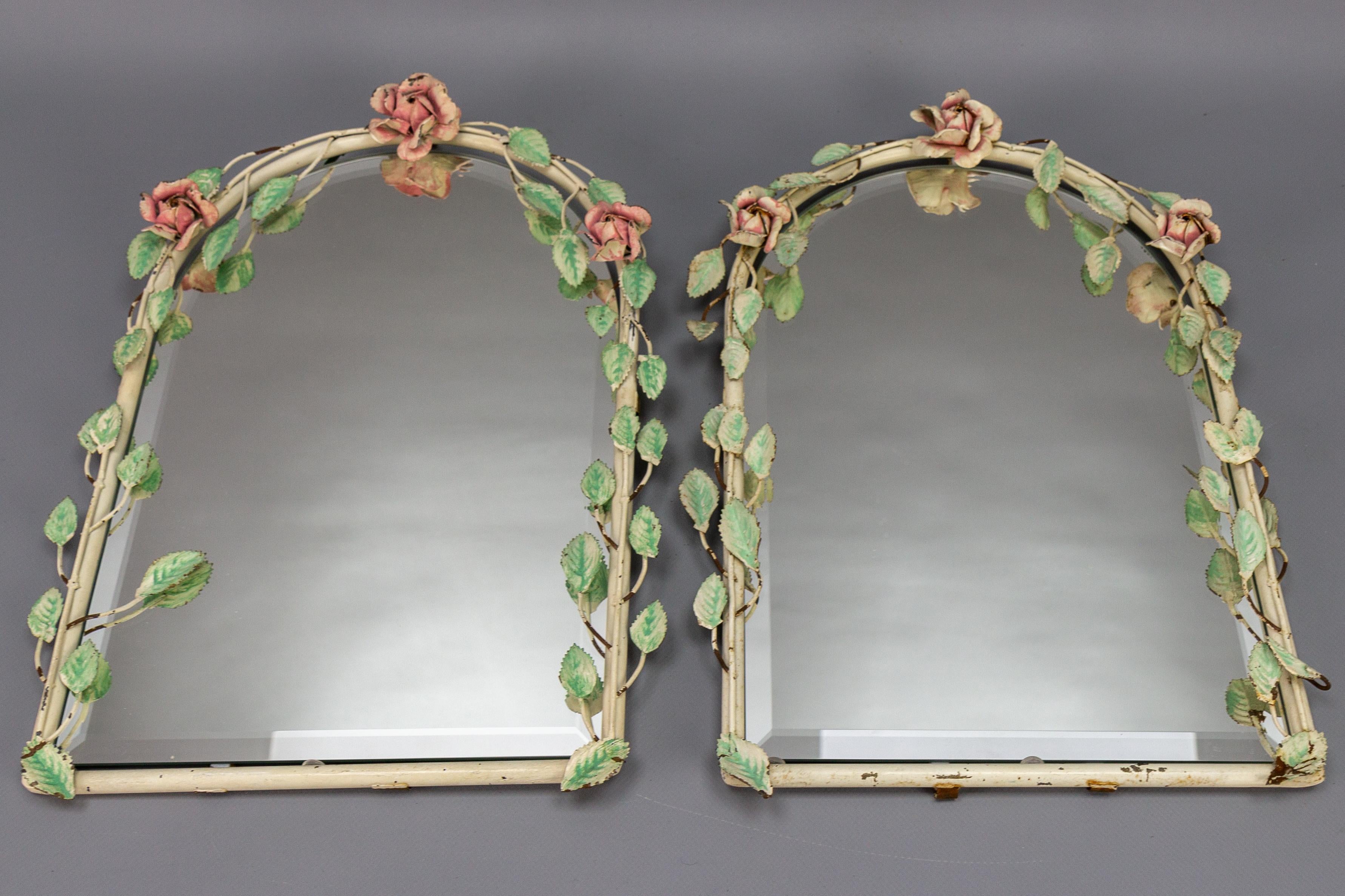 Pair of Italian Painted Tole Flower Wall Mirrors, 1950s 13