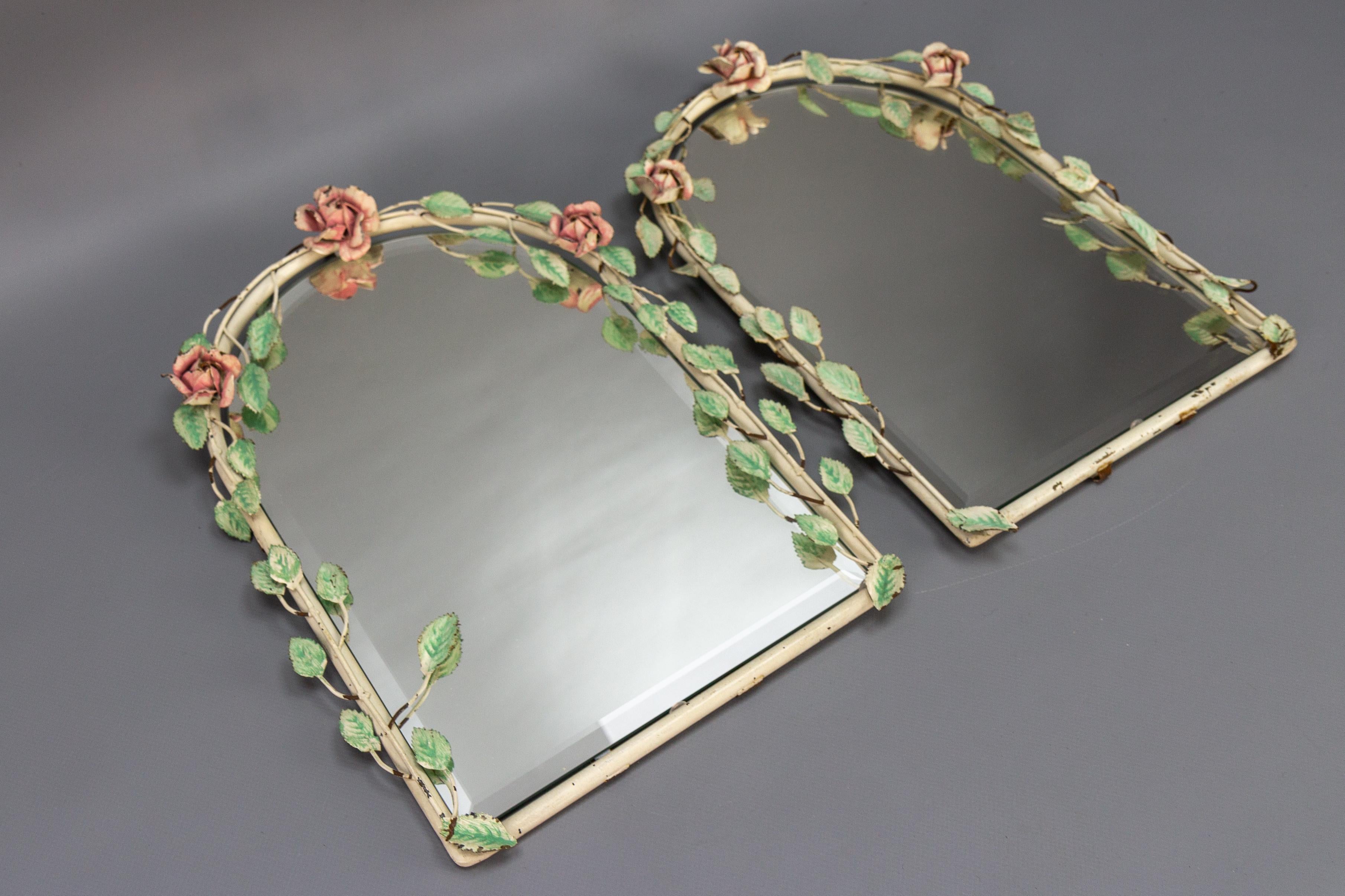 Pair of Italian Painted Tole Flower Wall Mirrors, 1950s For Sale 1