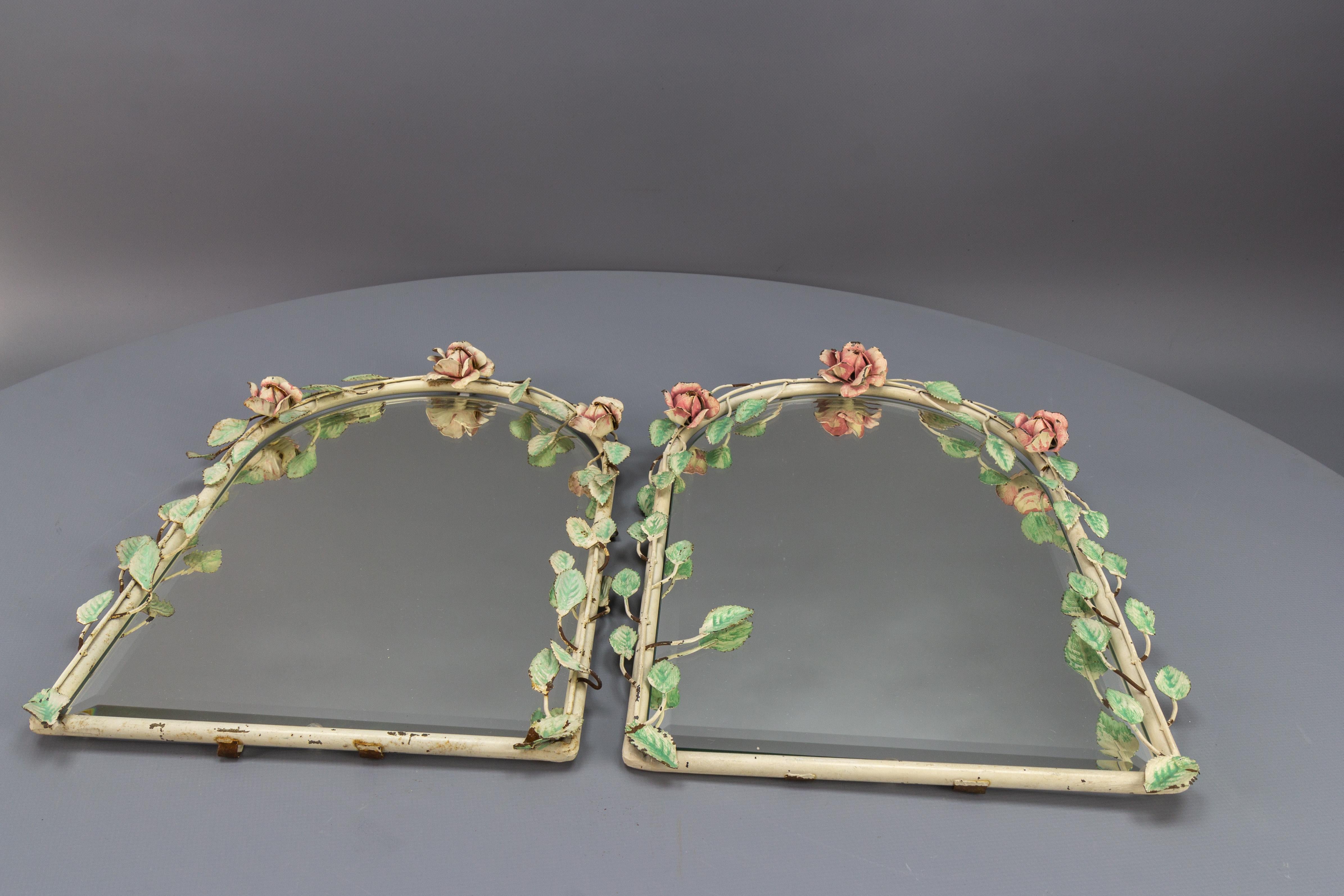 Pair of Italian Painted Tole Flower Wall Mirrors, 1950s For Sale 2