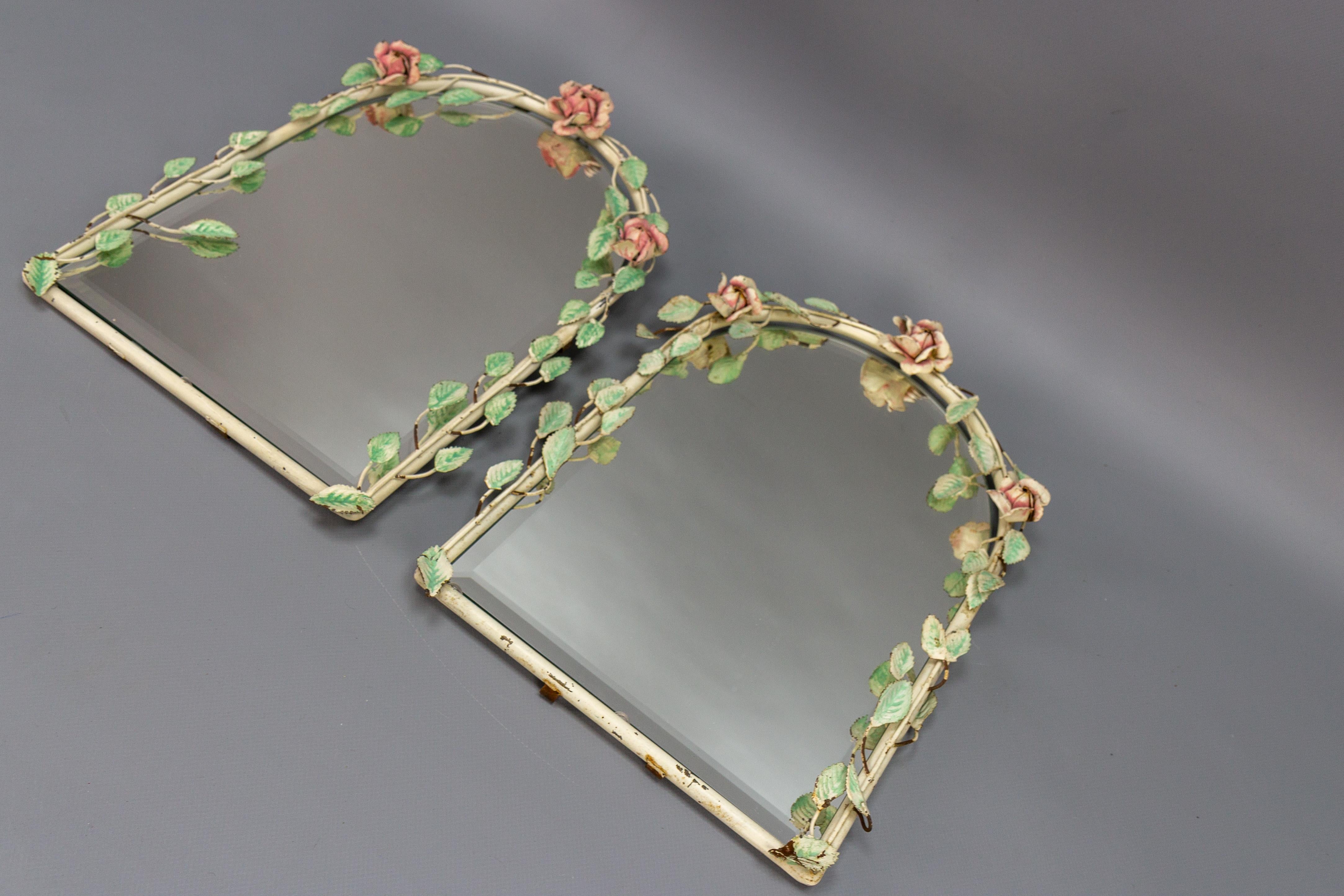 Pair of Italian Painted Tole Flower Wall Mirrors, 1950s 2
