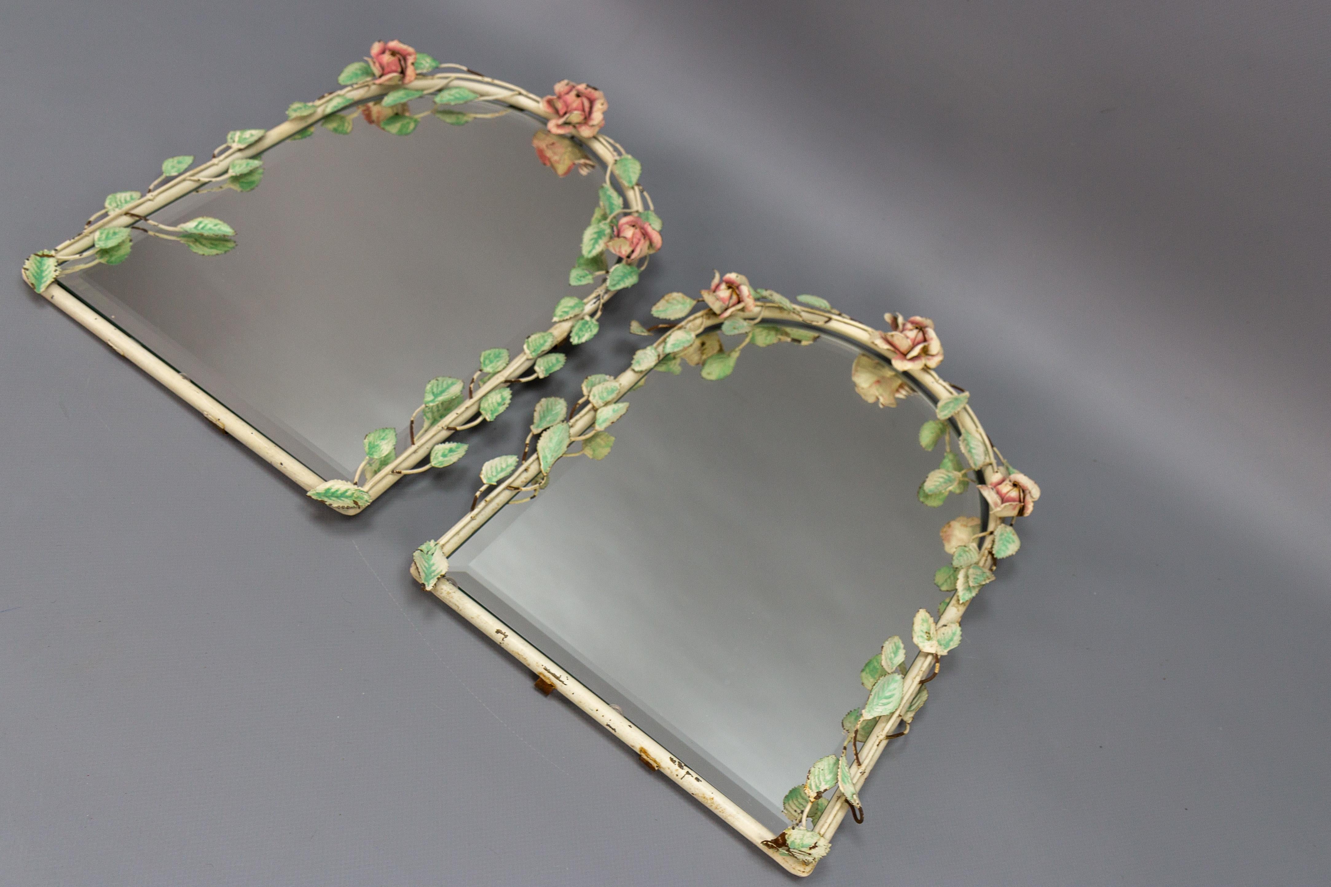 Pair of Italian Painted Tole Flower Wall Mirrors, 1950s For Sale 3