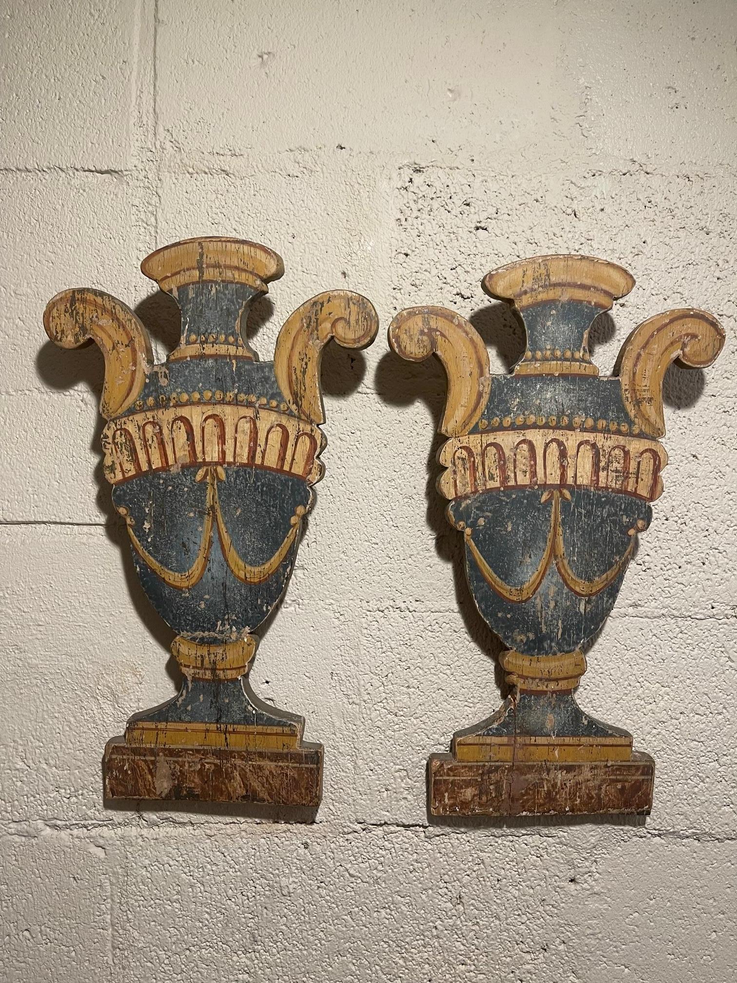 Pair of Italian Painted Urn-Form Plaques, 19th Century In Good Condition In Savannah, GA