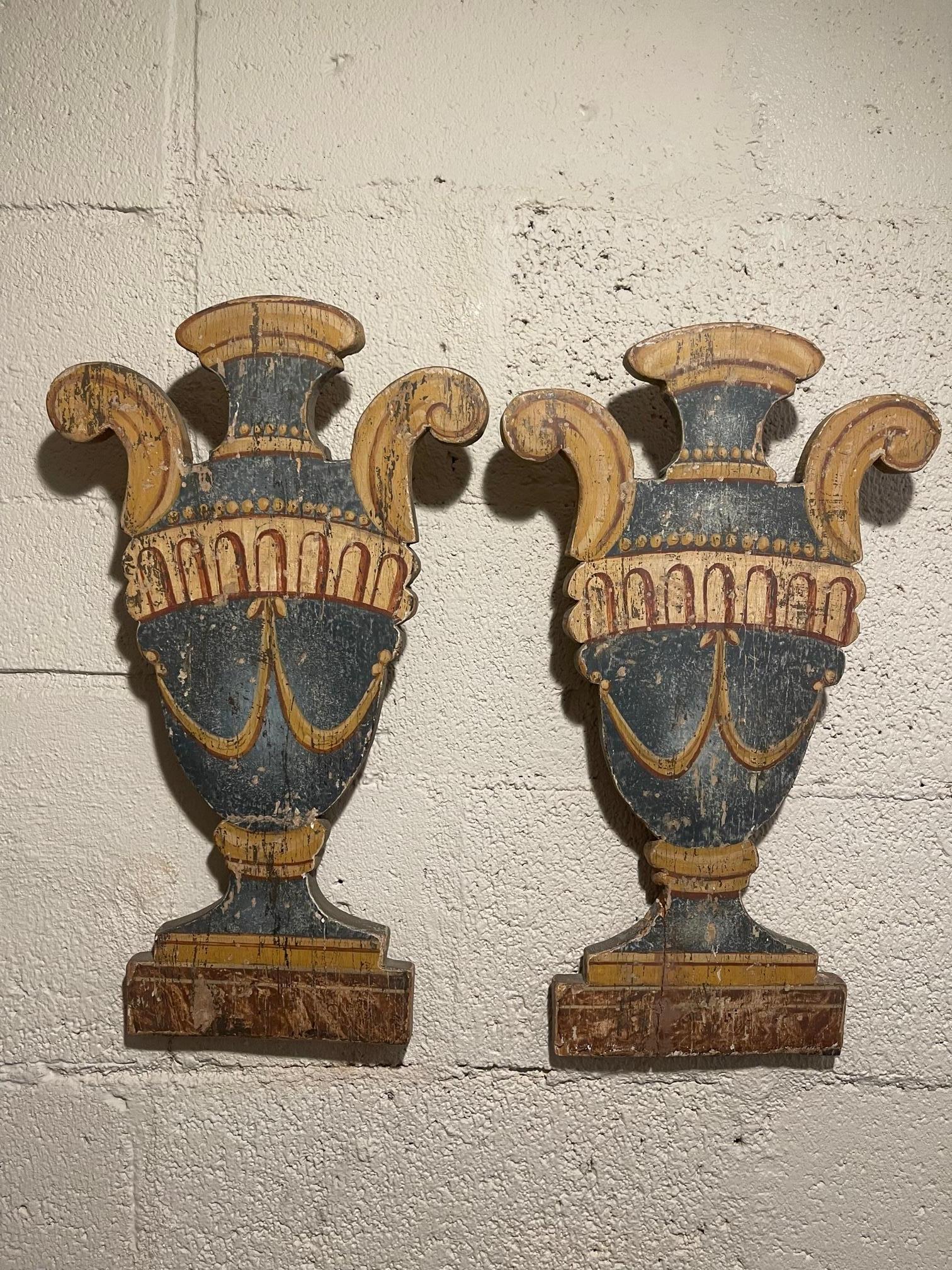 Wood Pair of Italian Painted Urn-Form Plaques, 19th Century