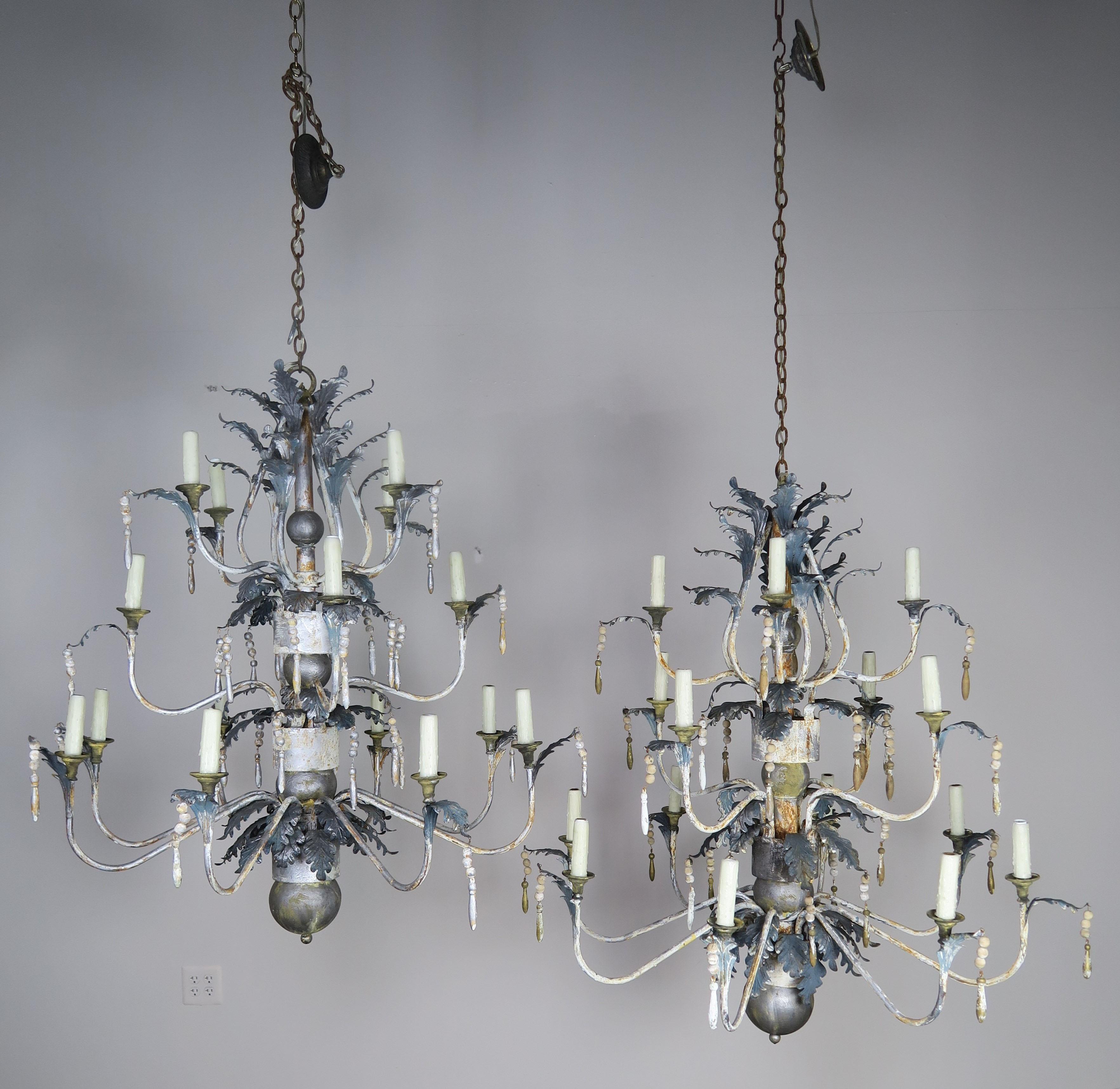 Pair of Italian Painted Wood and Metal Chandeliers, circa 1940 7