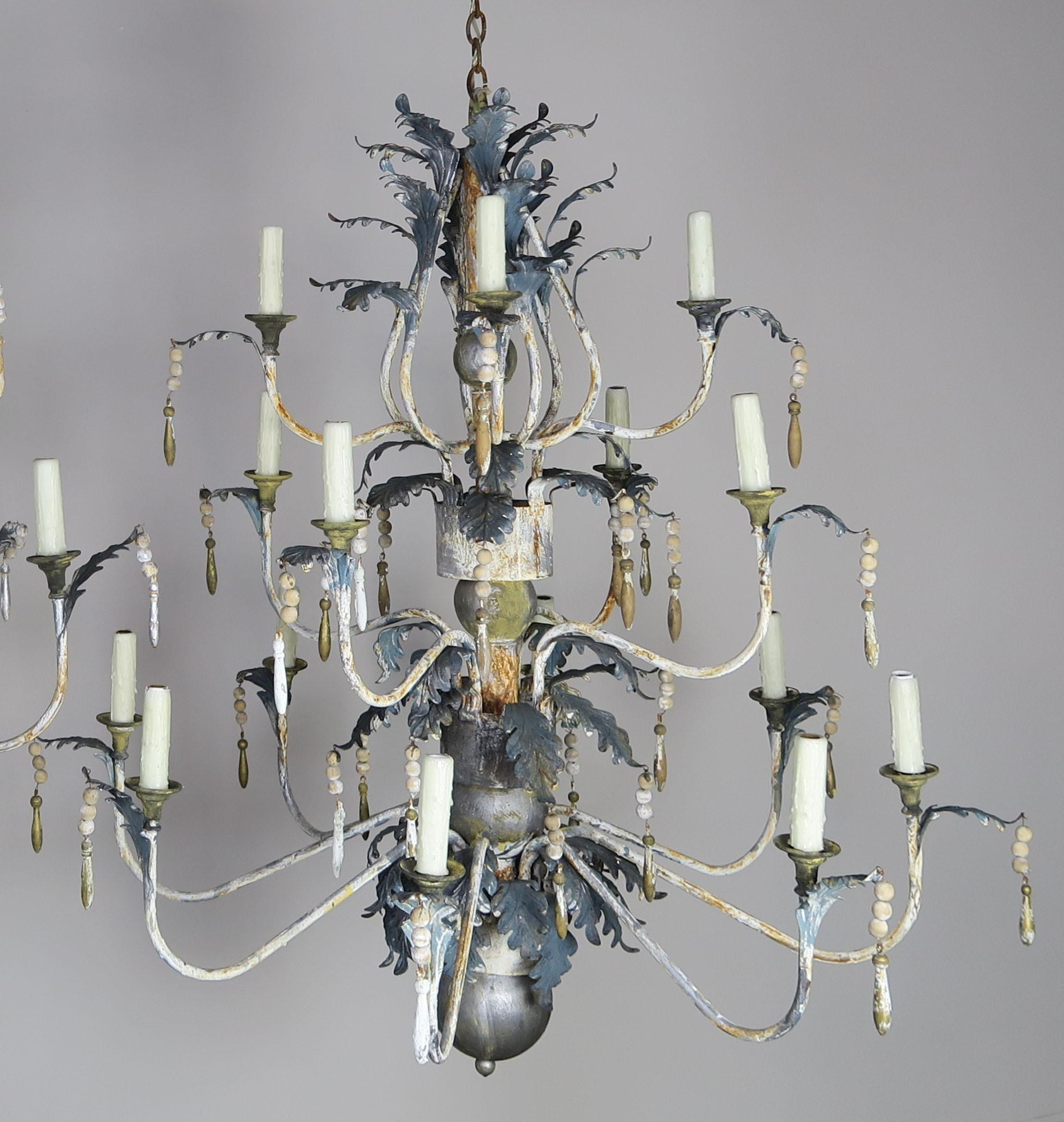 Rococo Pair of Italian Painted Wood and Metal Chandeliers, circa 1940