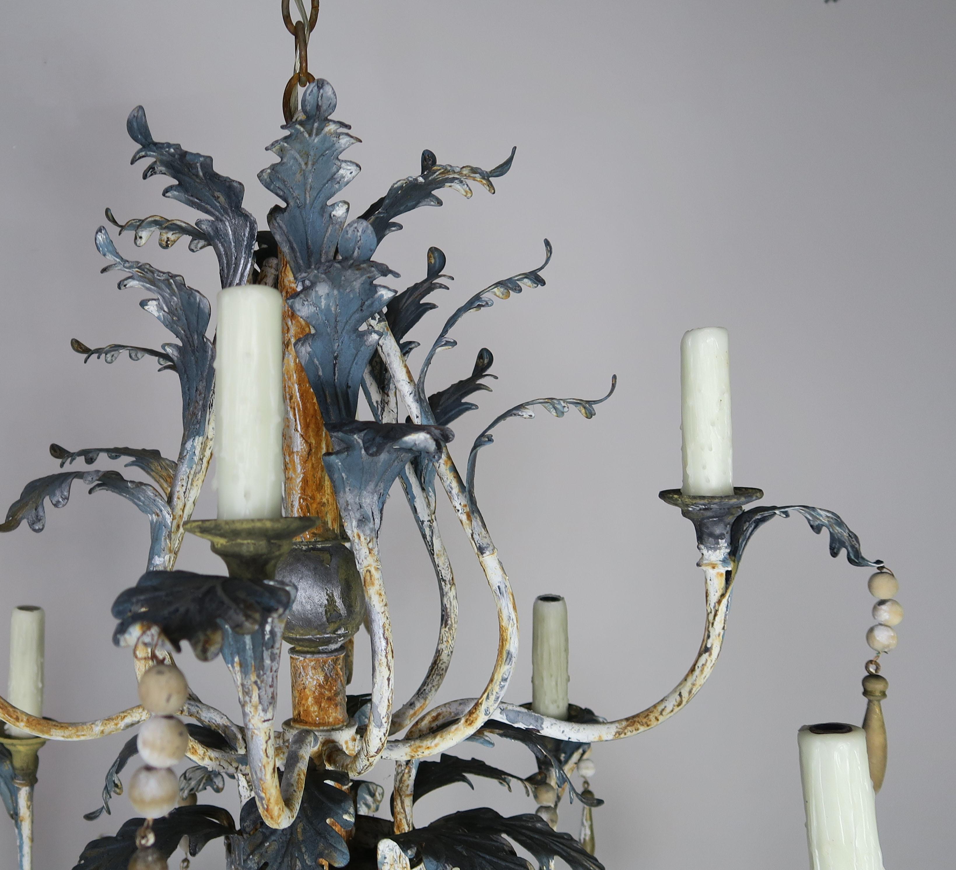 Mid-20th Century Pair of Italian Painted Wood and Metal Chandeliers, circa 1940