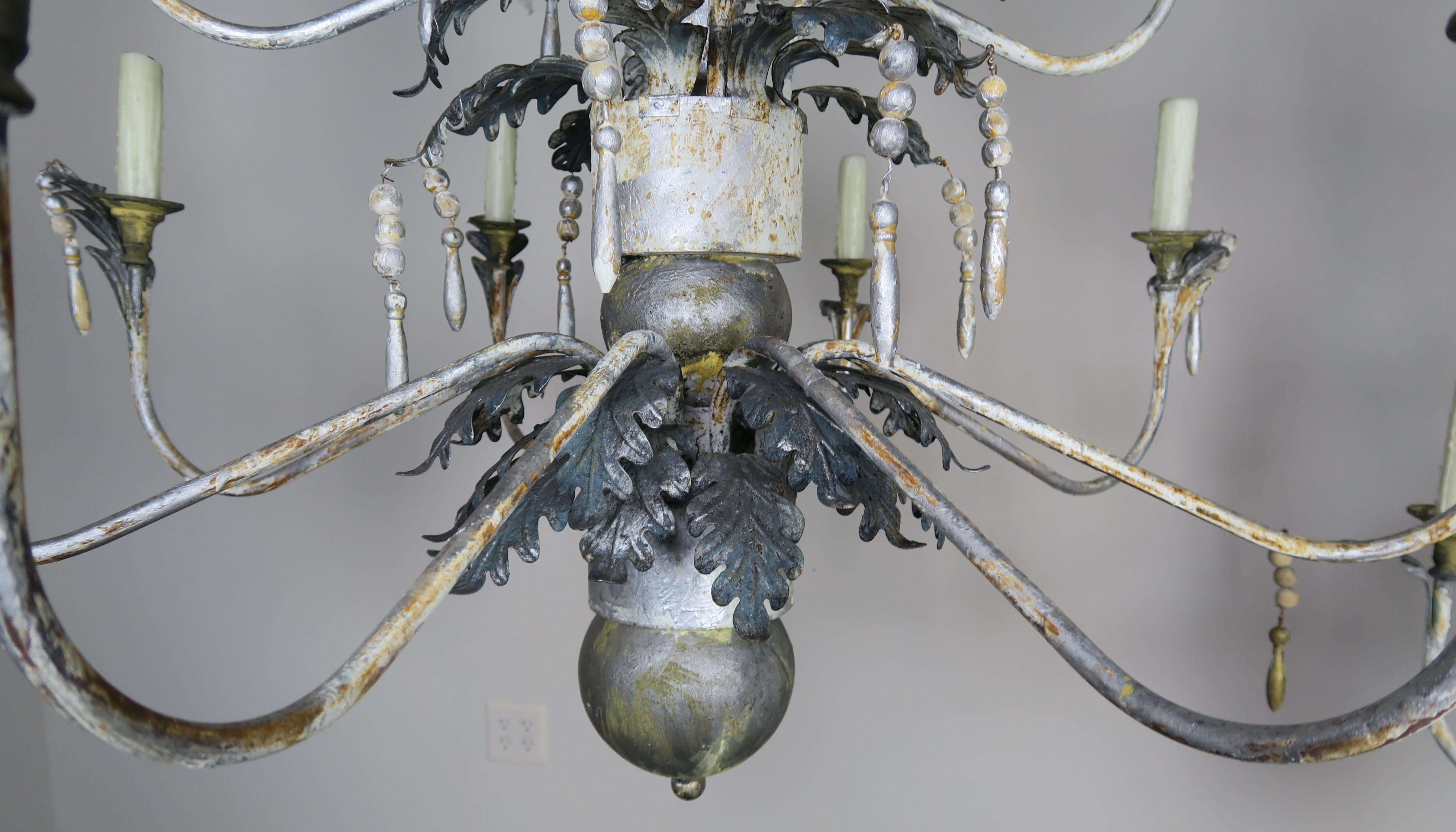 Hand-Painted Pair of Italian Painted Wood and Metal Chandeliers, circa 1940