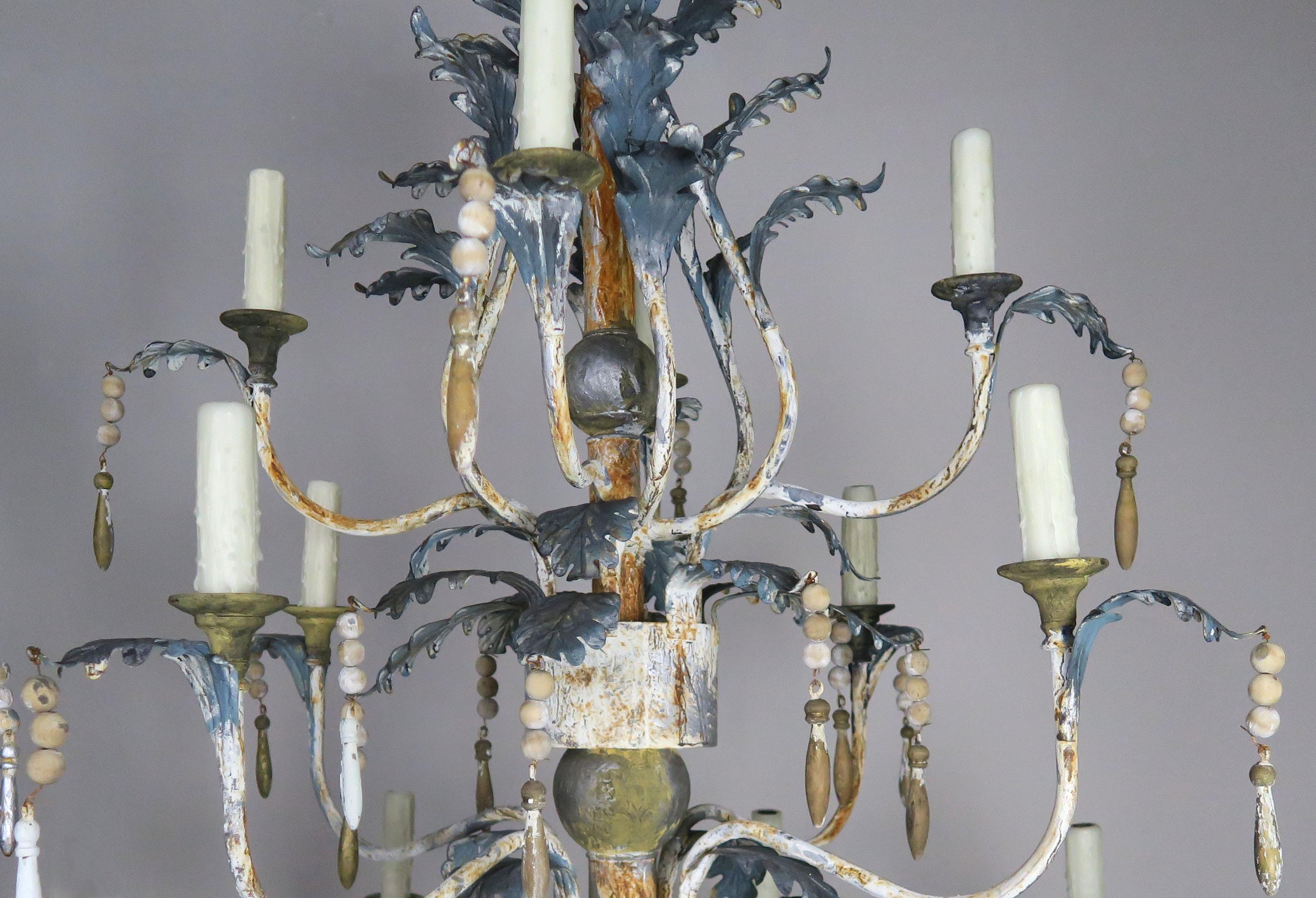 Pair of Italian Painted Wood and Metal Chandeliers, circa 1940 3