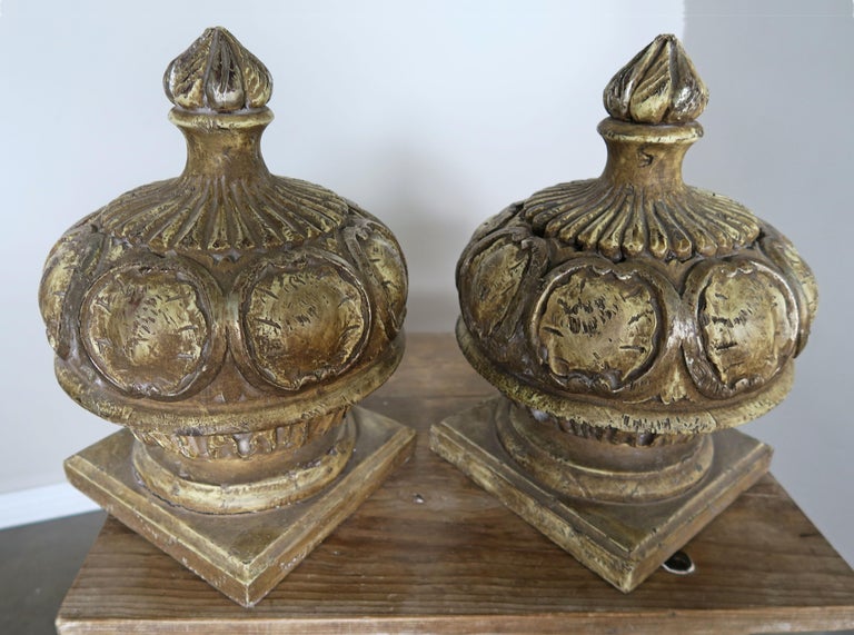 Pair of Italian Painted Wood Carved Finials with Flames at 1stDibs