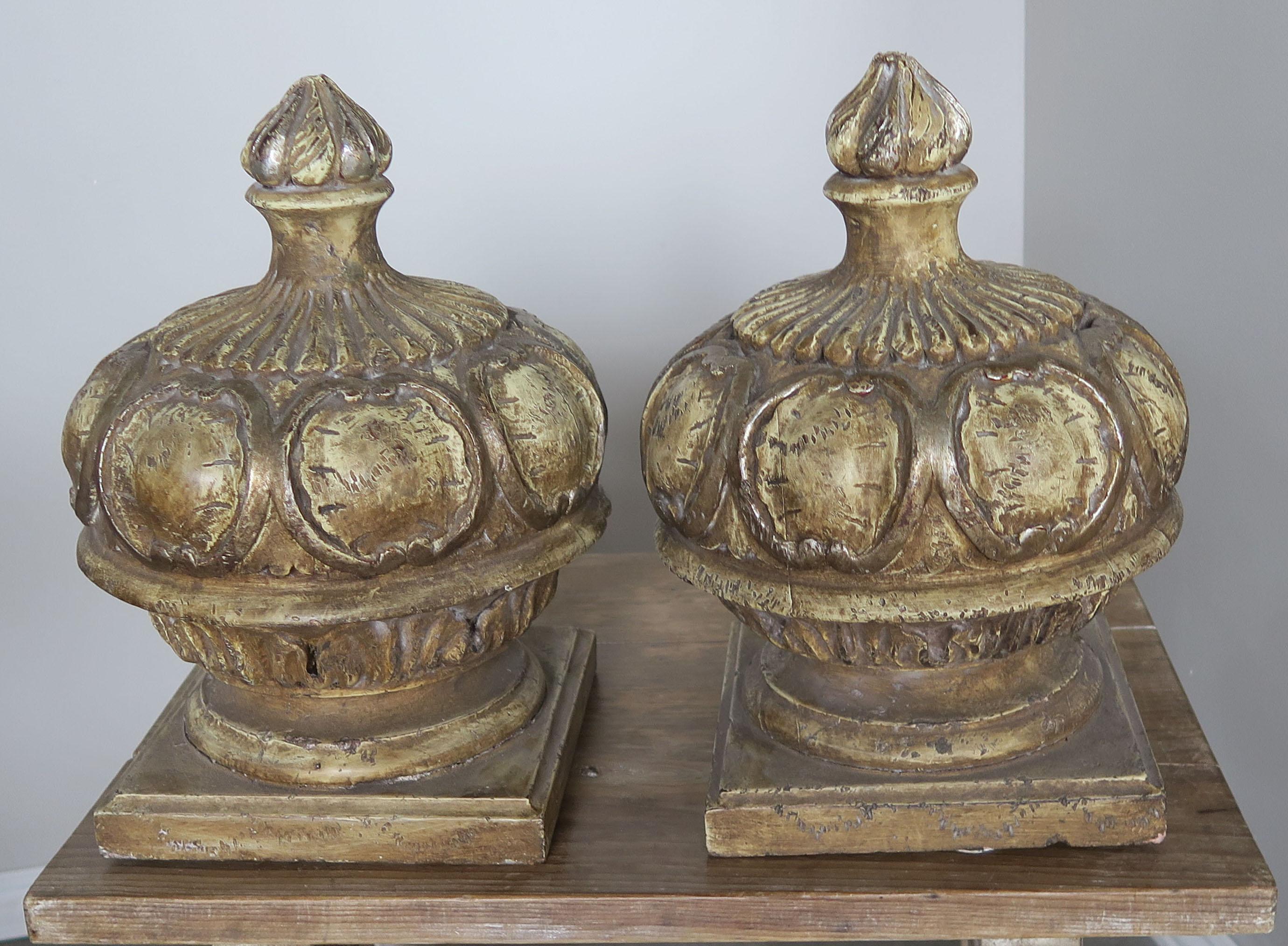 Hand-Painted Pair of Italian Painted Wood Carved Finials with Flames