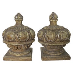 Pair of Italian Painted Wood Carved Finials with Flames