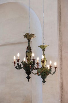 Pair of Italian Painted Wrought Iron Chandeliers, 1940s