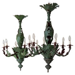 Pair of Italian Painted Wrought Iron Chandeliers, 1940s