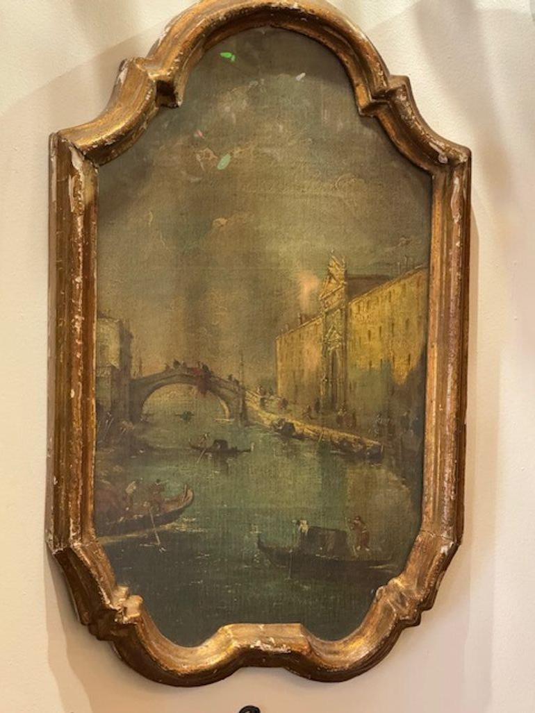 Pareja de cuadros italianos con una escena del puerto de Venecia Italiano en venta