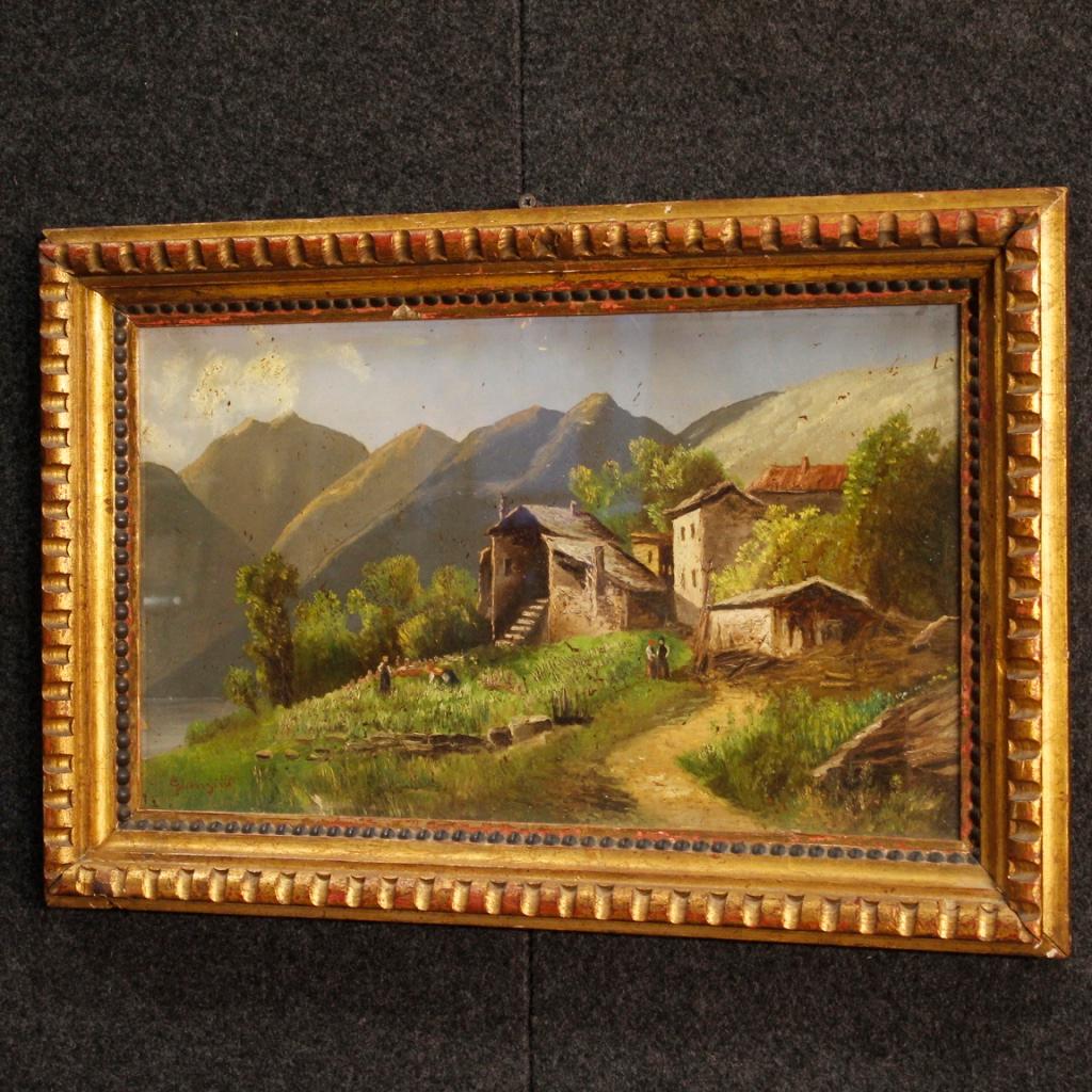Pair of Italian paintings from the 20th century. Works oil on cardboard depicting countryside landscapes with styled characters impressionist, signed lower right / left (see photo). Small sized paintings and pleasant furnishings with carved wooden