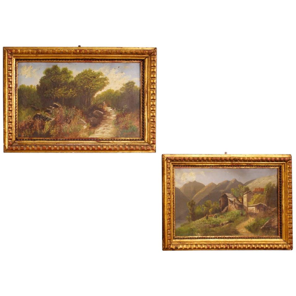 Pair of Italian Paintings Signed Landscapes with Characters, 20th Century For Sale
