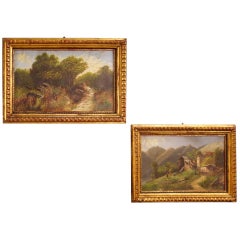 Pair of Italian Paintings Signed Landscapes with Characters, 20th Century