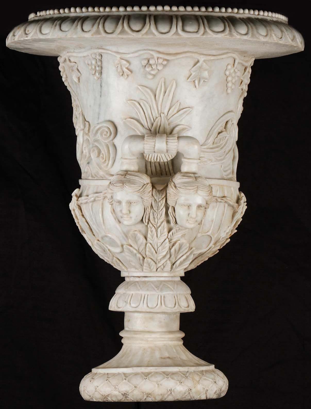 18th Century Pair of Italian Palatial Garden Urns/Medici Vases with Carved Marble For Sale