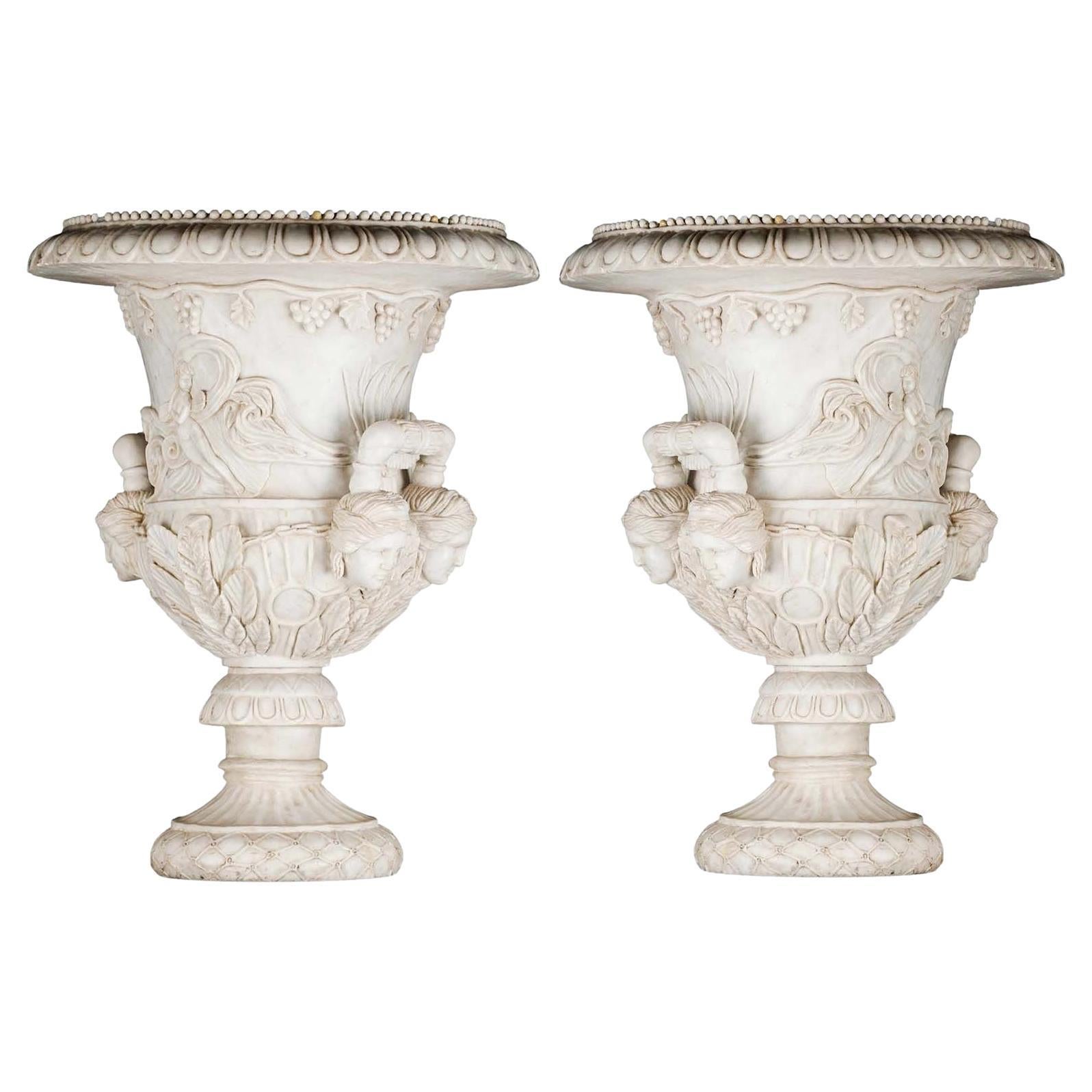 Pair of Italian Palatial Garden Urns/Medici Vases with Carved Marble