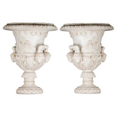 Pair of Italian Palatial Garden Urns/Medici Vases with Carved Marble