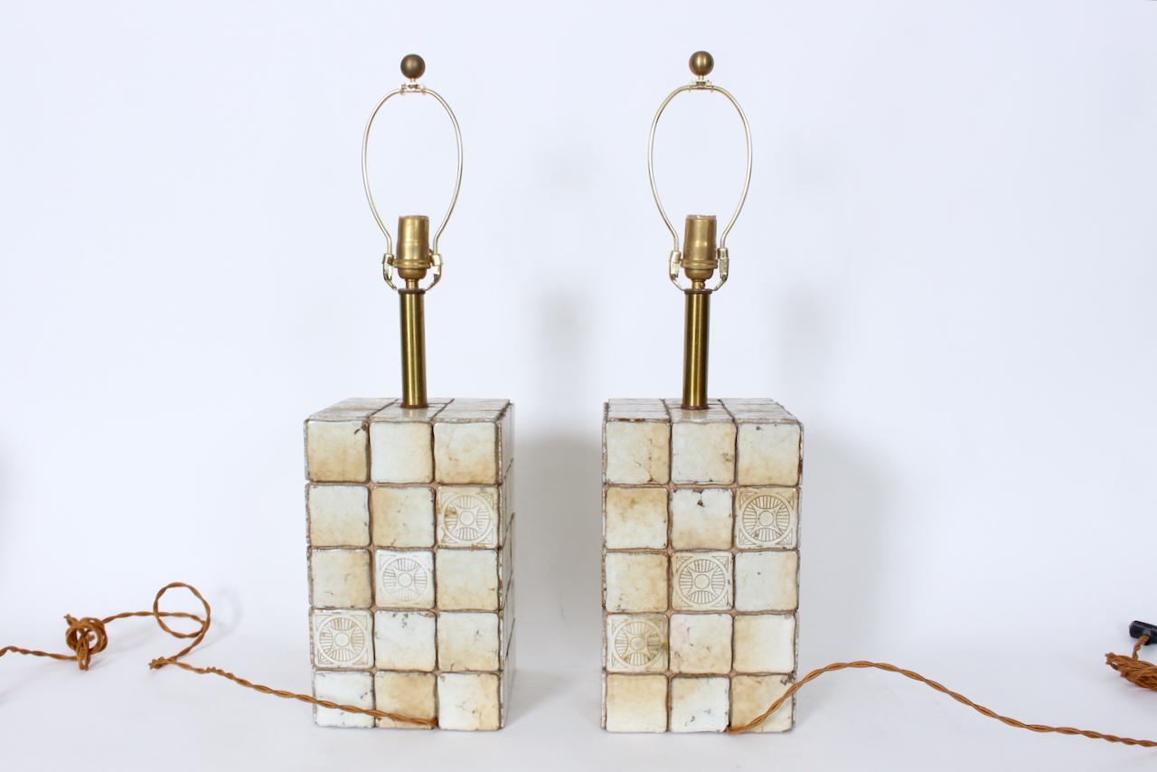 Mid-Century Modern Pair of Italian Block Table Lamps in Pale Yellow & Cream Terracotta Tile, 1950s