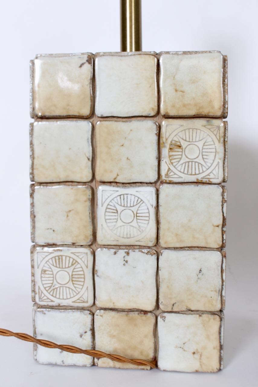 Pair of Italian Block Table Lamps in Pale Yellow & Cream Terracotta Tile, 1950s 5
