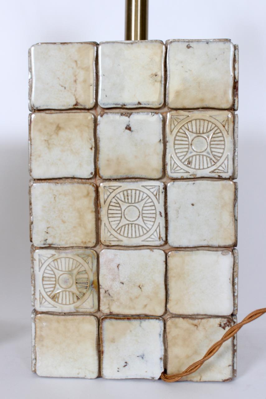 Pair of Italian Block Table Lamps in Pale Yellow & Cream Terracotta Tile, 1950s 6