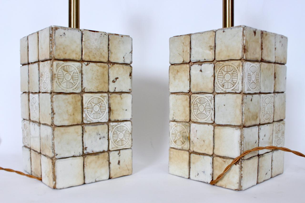 Pair of Italian Block Table Lamps in Pale Yellow & Cream Terracotta Tile, 1950s 1