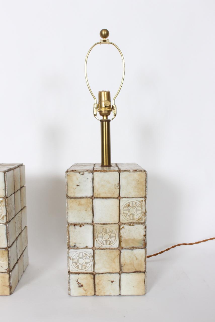 Mid-20th Century Pair of Italian Block Table Lamps in Pale Yellow & Cream Terracotta Tile, 1950s