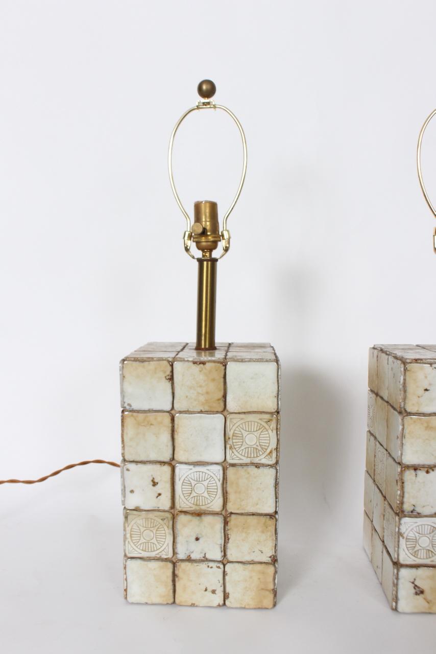Pair of Italian Block Table Lamps in Pale Yellow & Cream Terracotta Tile, 1950s In Good Condition In Bainbridge, NY