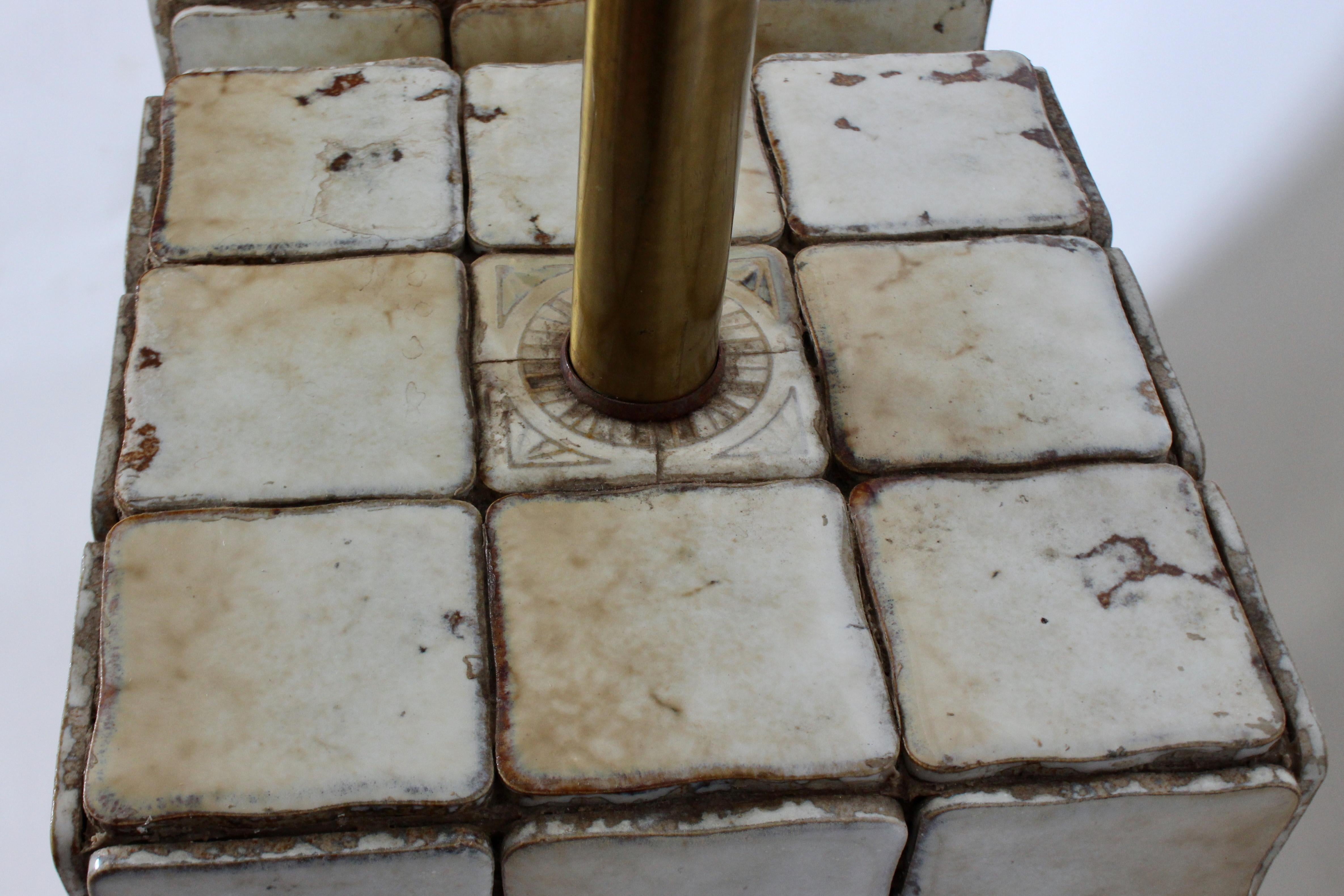 Pair of Italian Block Table Lamps in Pale Yellow & Cream Terracotta Tile, 1950s 7