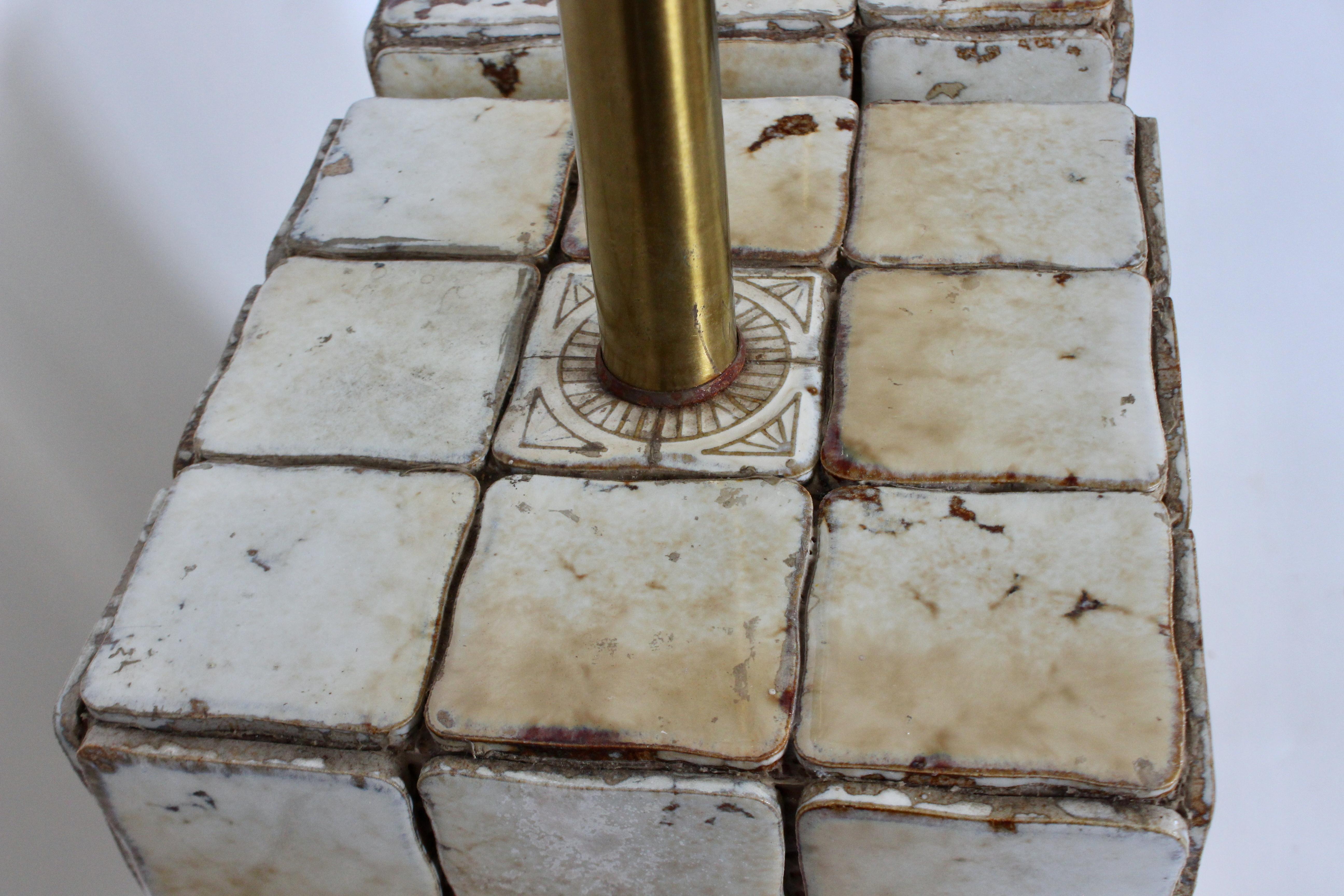 Pair of Italian Block Table Lamps in Pale Yellow & Cream Terracotta Tile, 1950s 8