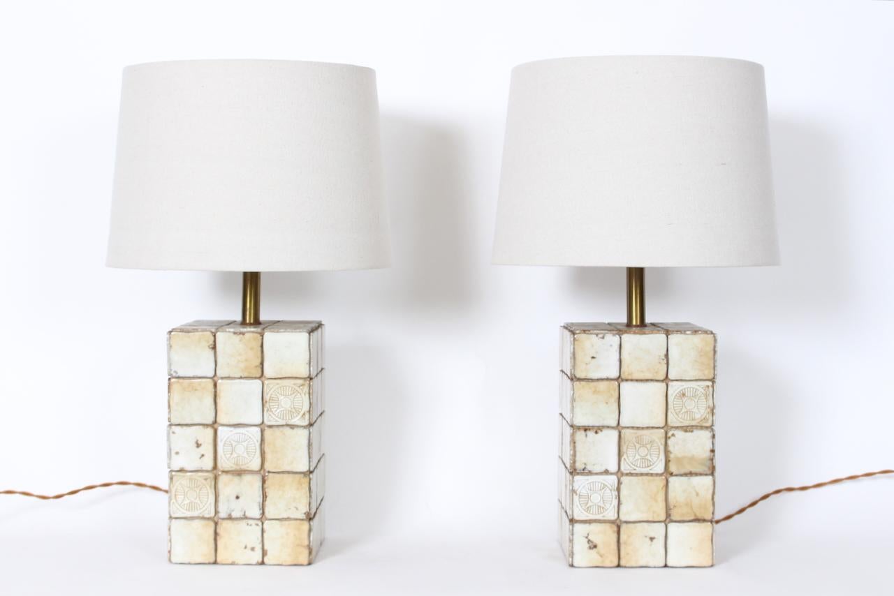 Pair of Italian Block Table Lamps in Pale Yellow & Cream Terracotta Tile, 1950s 11