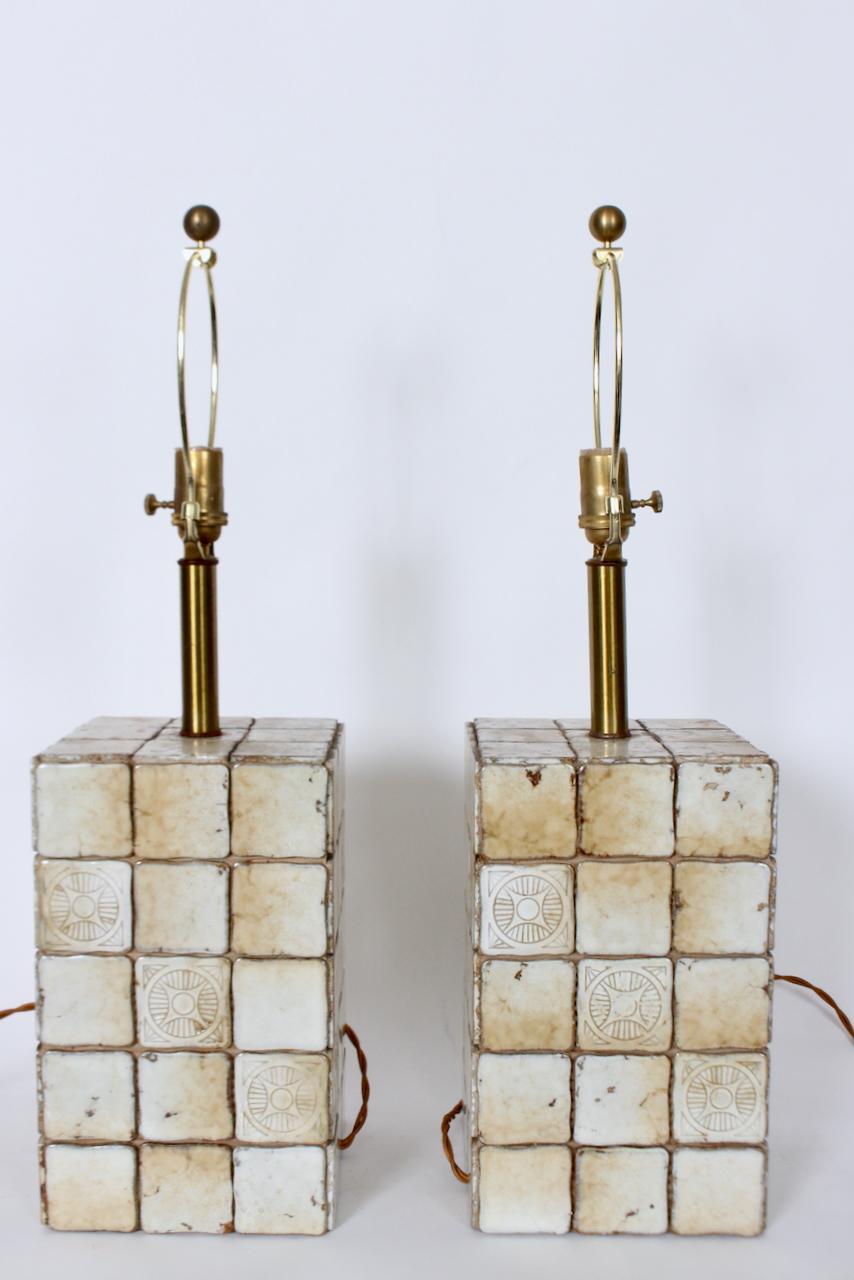 Glazed Pair of Italian Block Table Lamps in Pale Yellow & Cream Terracotta Tile, 1950s