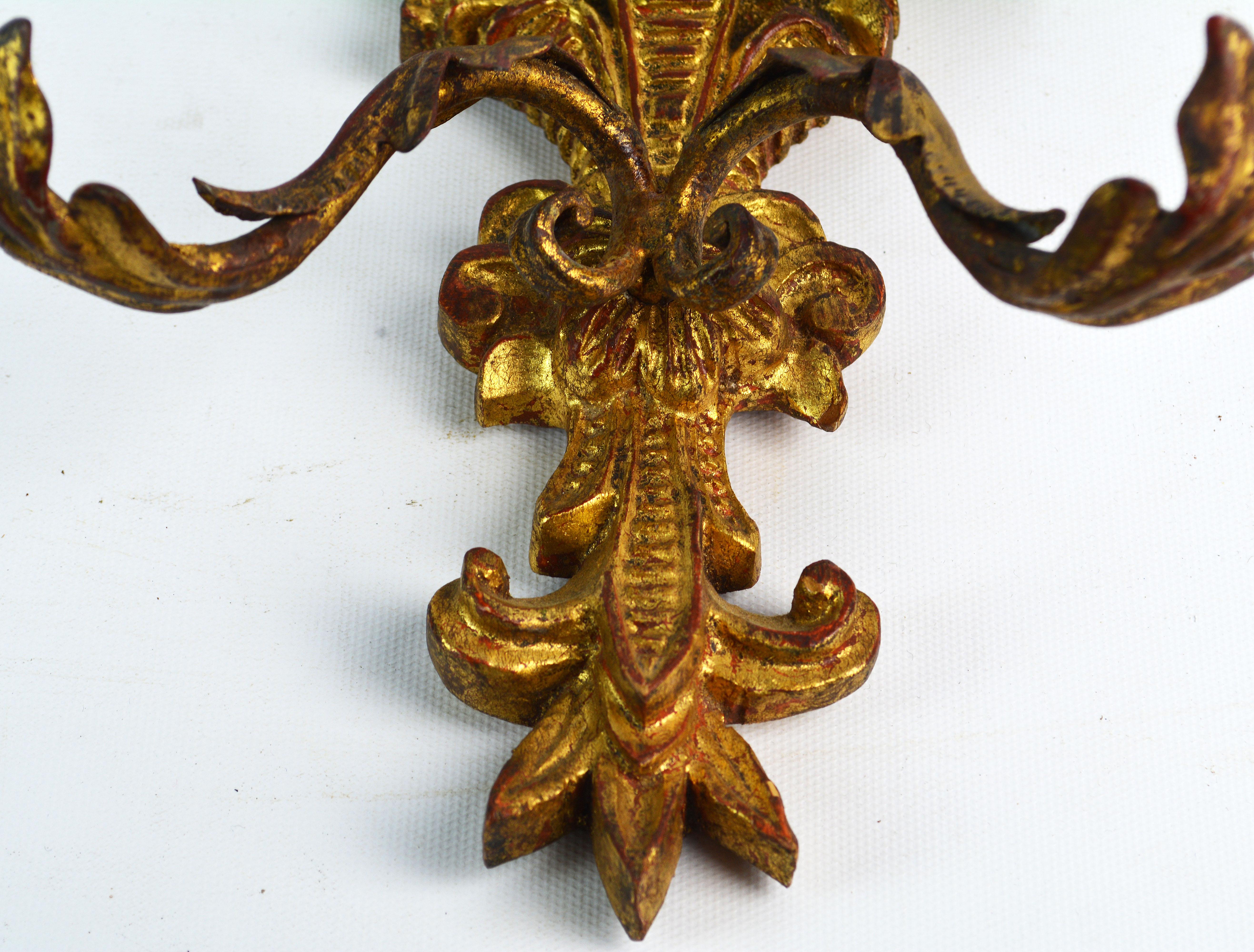 20th Century Pair of Italian Palladio Carved Gilt Wood Louis XV Style Two-Arm Wall Sconces