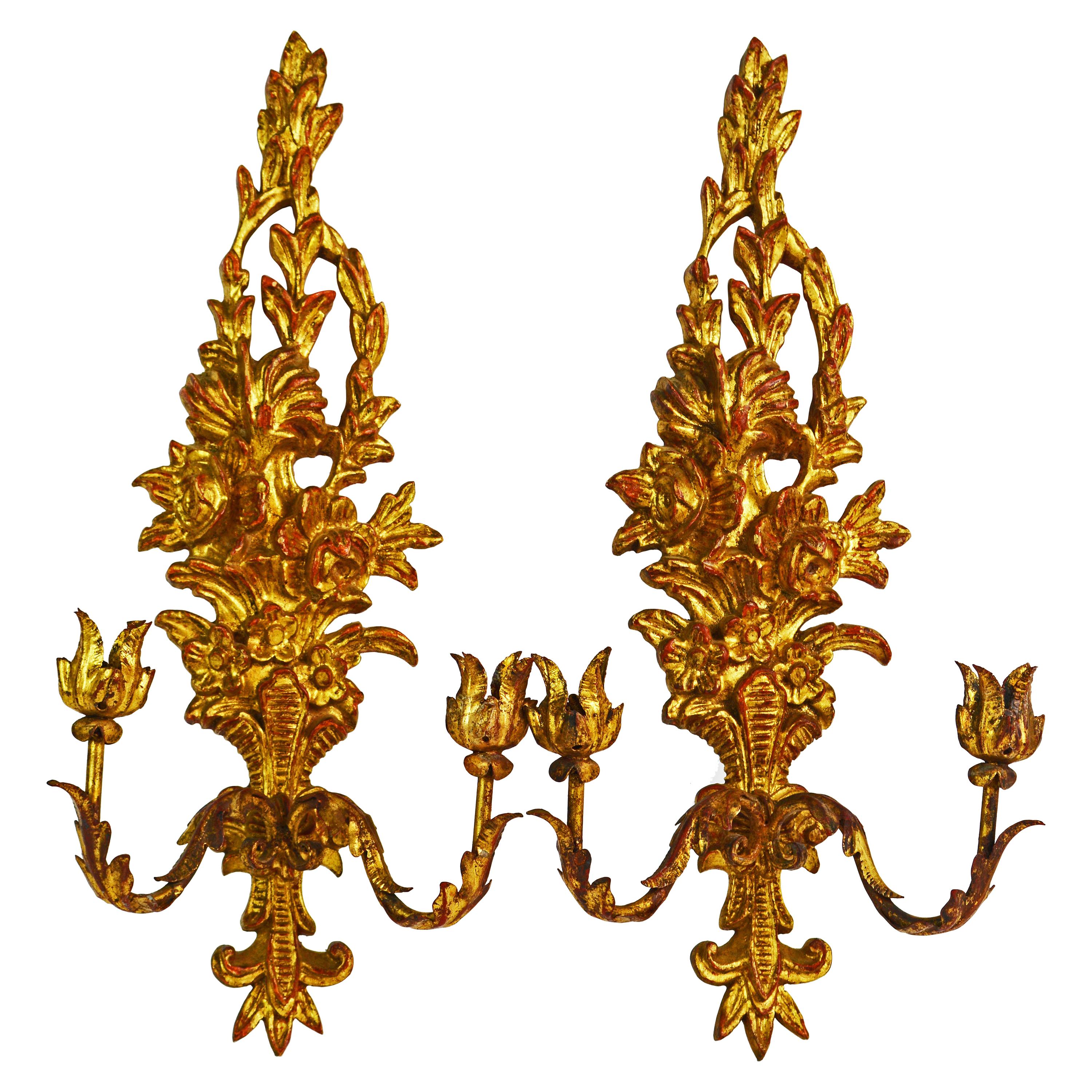 Pair of Italian Palladio Carved Gilt Wood Louis XV Style Two-Arm Wall Sconces