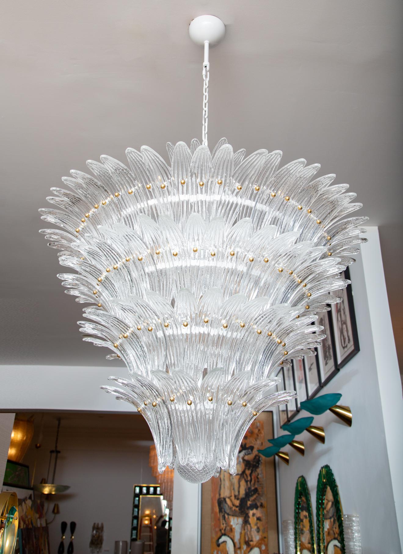 Mid-Century Modern Pair of Italian Palmette Tiered Chandeliers Glass Leaves, in stock