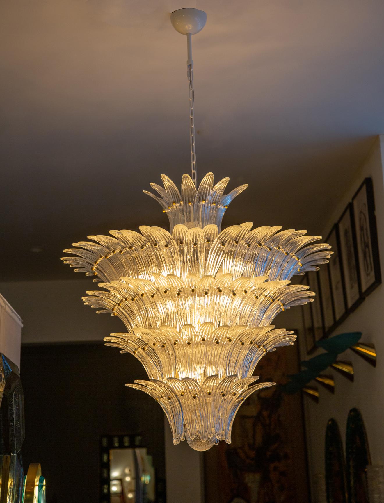 Blown Glass Pair of Italian Palmette Tiered Chandeliers Glass Leaves, in stock
