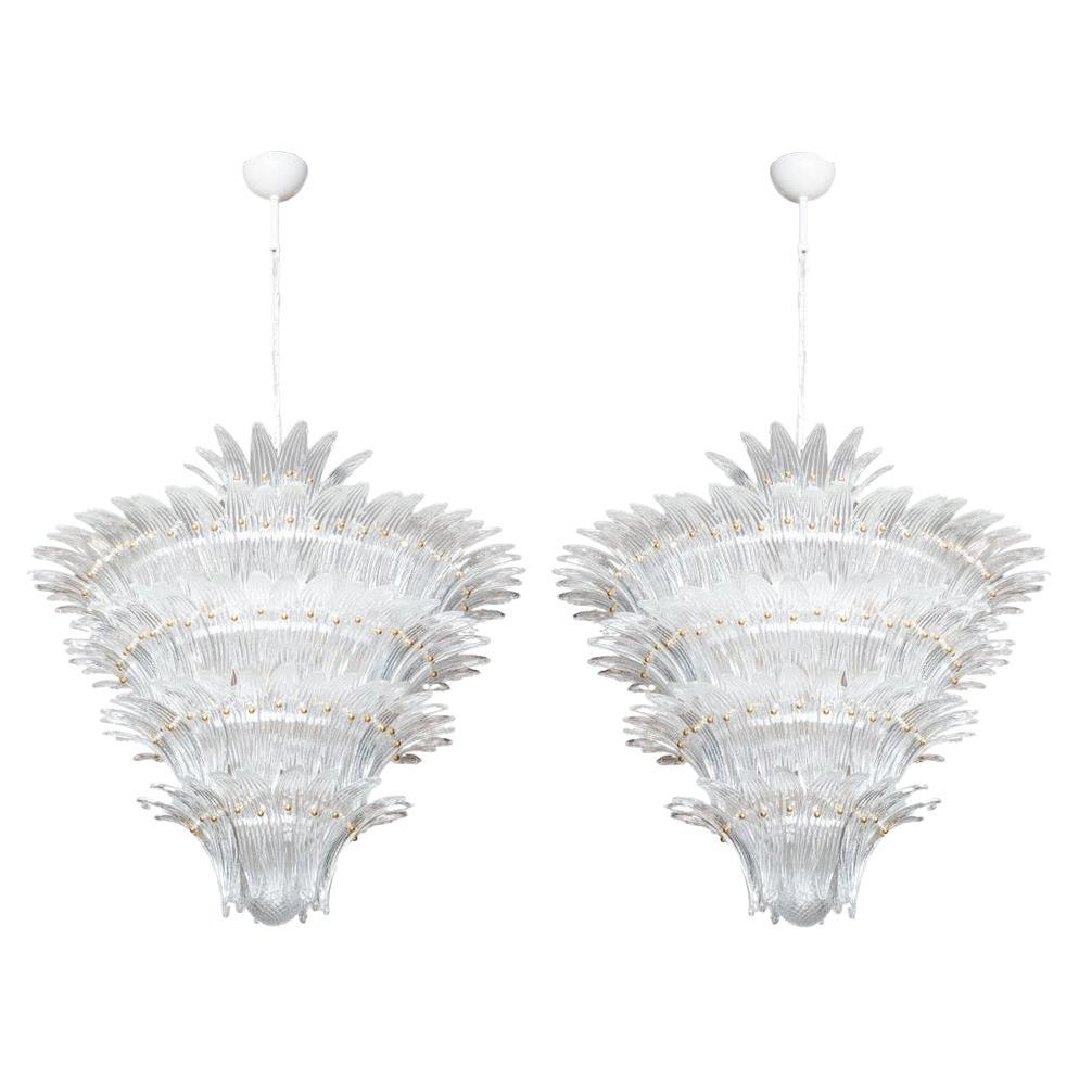 Pair of Italian Palmette Tiered Chandeliers Glass Leaves, in stock