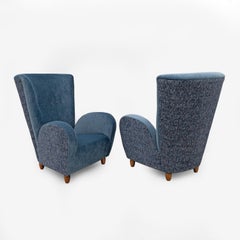 Pair of Italian Paolo Buffa High-Back Armchairs in Blue Velvet and Chenille, 1950s