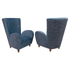 Pair of Italian Paolo Buffa High-Back Armchairs in Blue Velvet and Chenille, 1950s