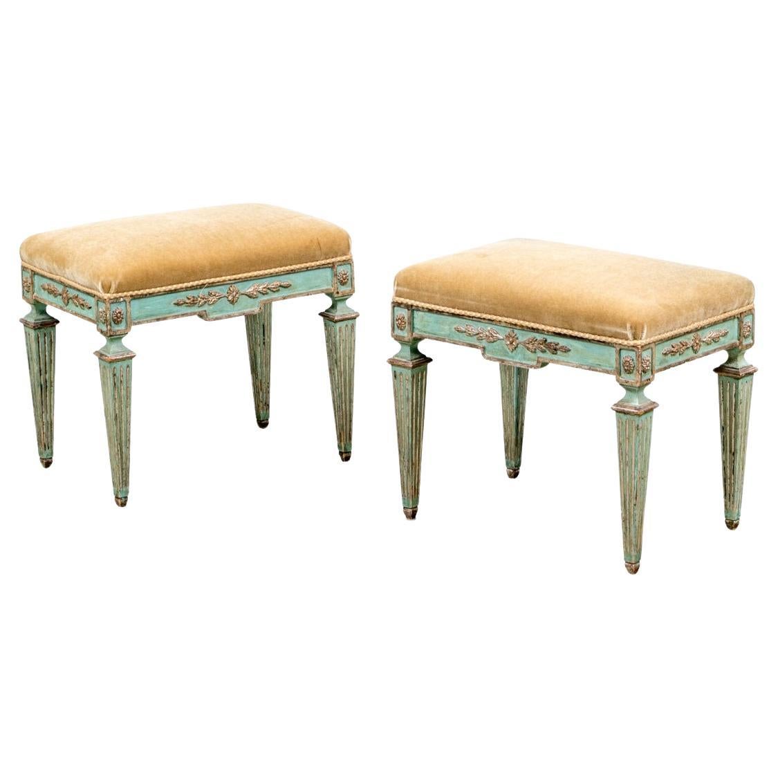 Pair Of Italian Parcel Gilt And Blue Painted Foot Stools