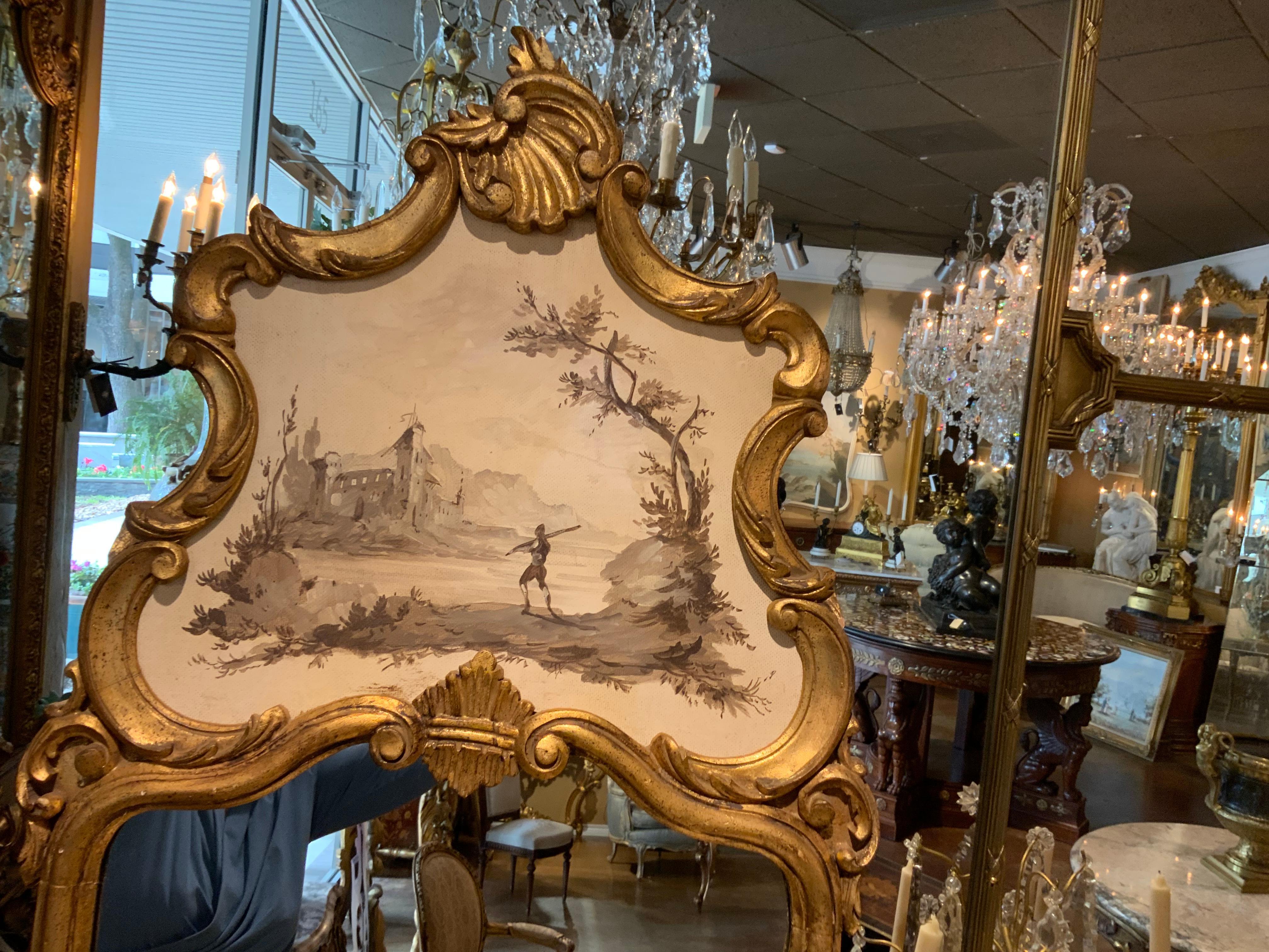 Pair of Italian Parcel Gilt and Hand Painted Mirrors in Venetian Rococo Taste For Sale 1